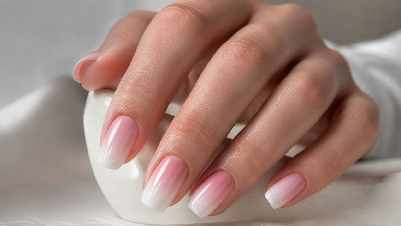 A close-up view of a woman's hand with elegant pink and white ombre French manicure nails.