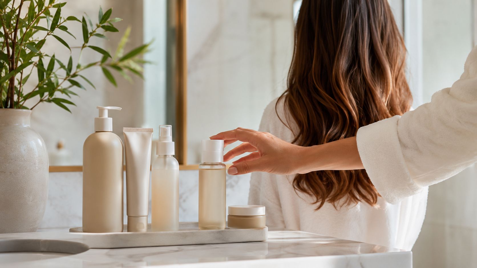 A hand reaching for a bottle of hair care product on a marble bathroom vanity shelf.