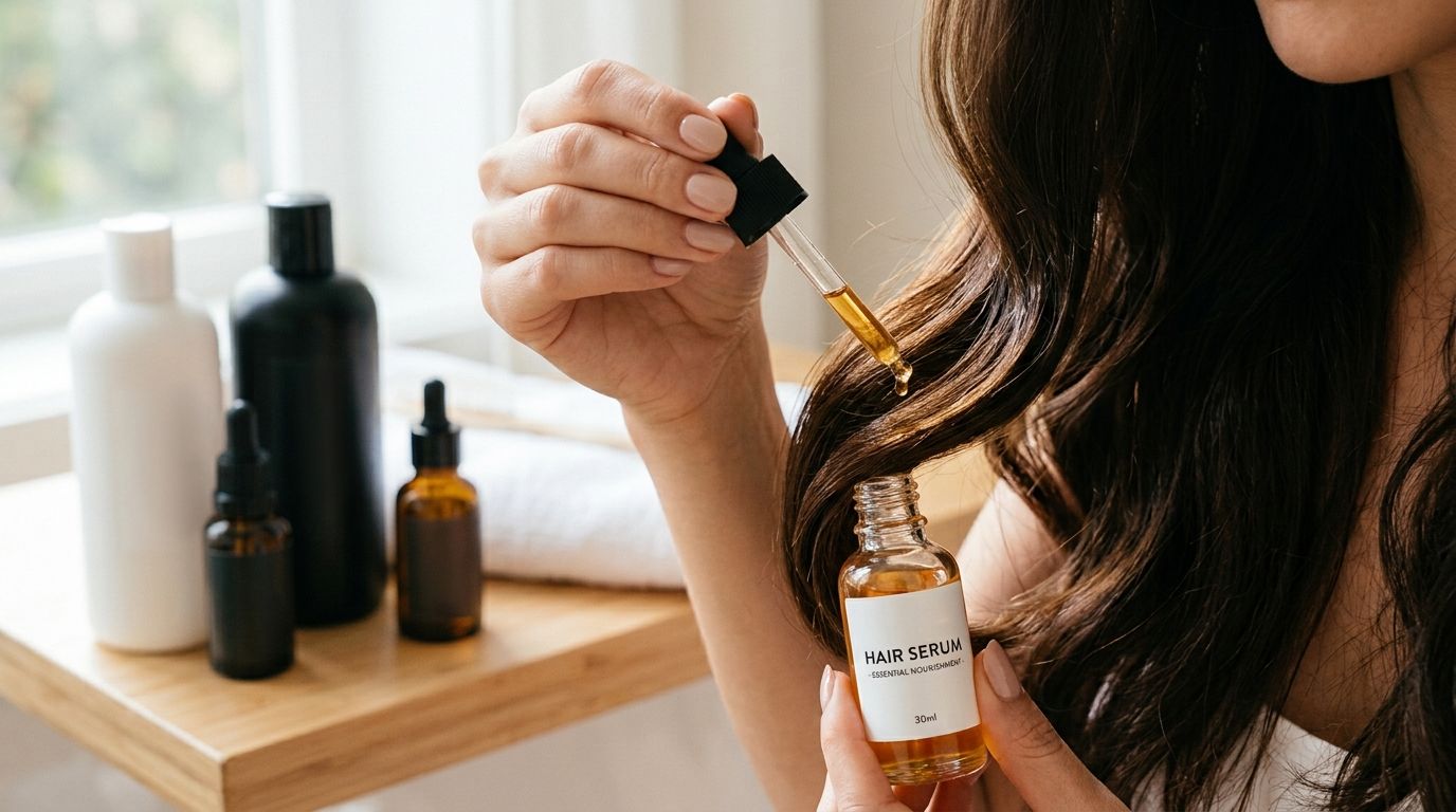 A woman holding a dropper of hair serum above a strand of her long wavy brown hair.