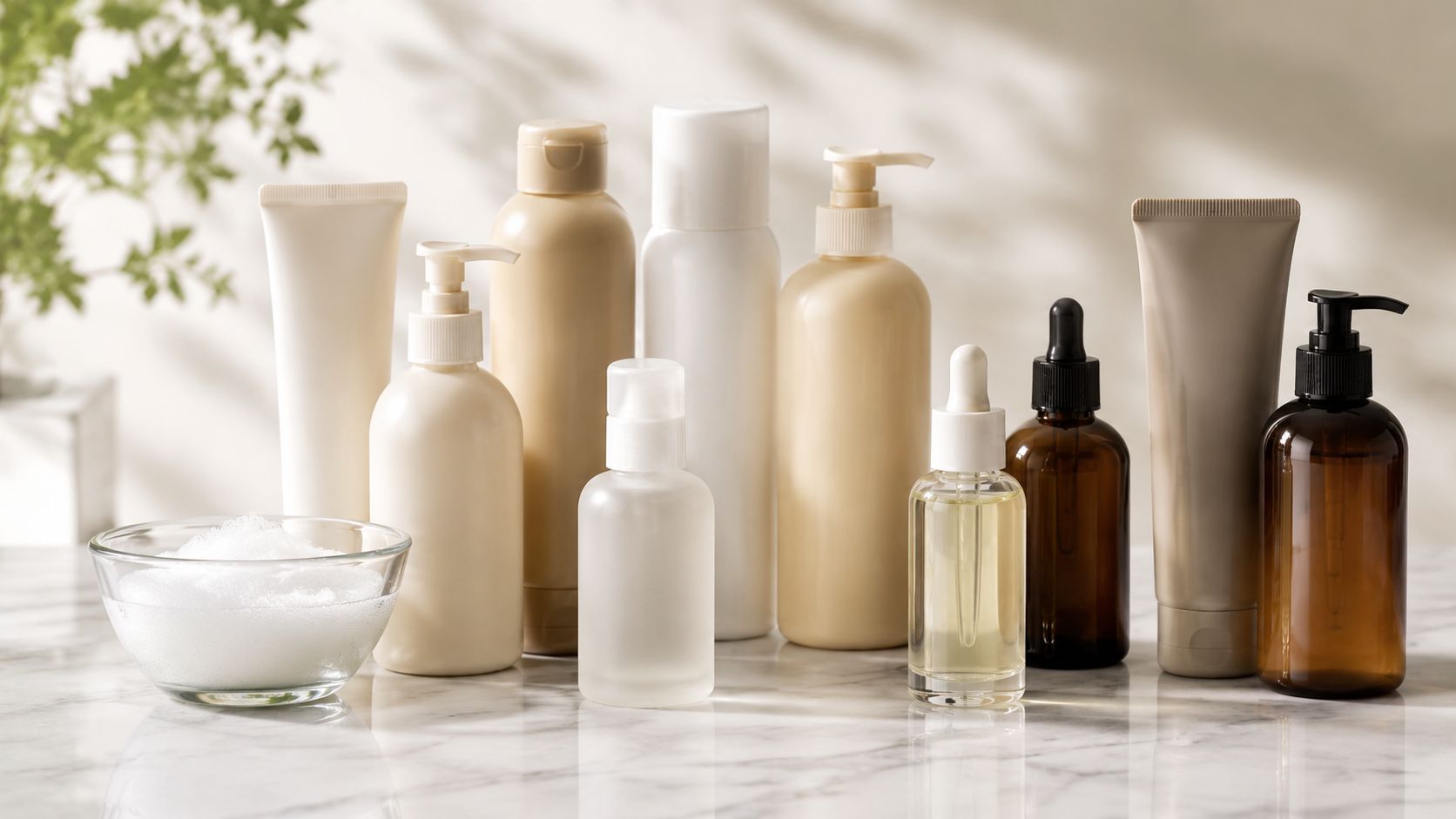 A collection of skincare and hair care products in neutral beige and brown bottles on a marble surface.