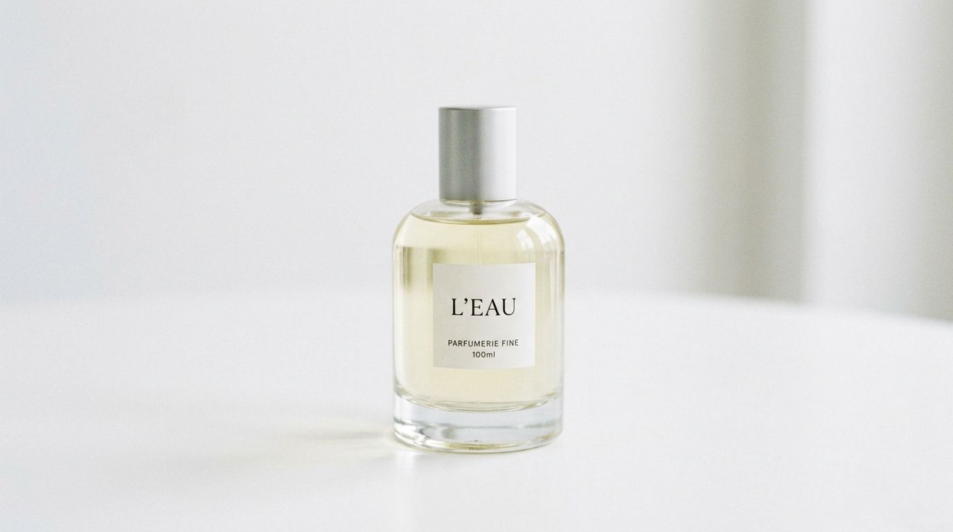 A minimalist glass perfume bottle labeled L'EAU on a clean white surface with soft lighting.