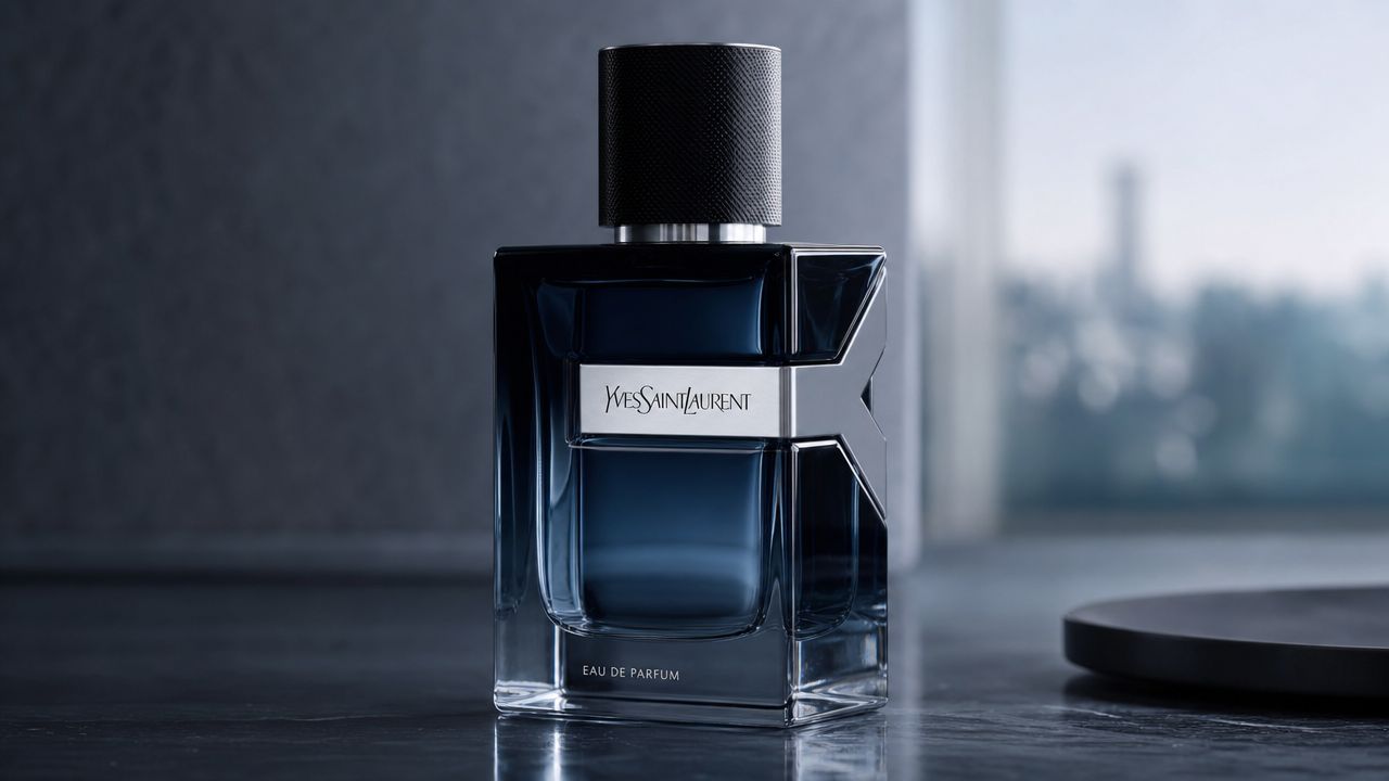A luxurious bottle of Yves Saint Laurent Y Eau de Parfum displayed on a dark surface.