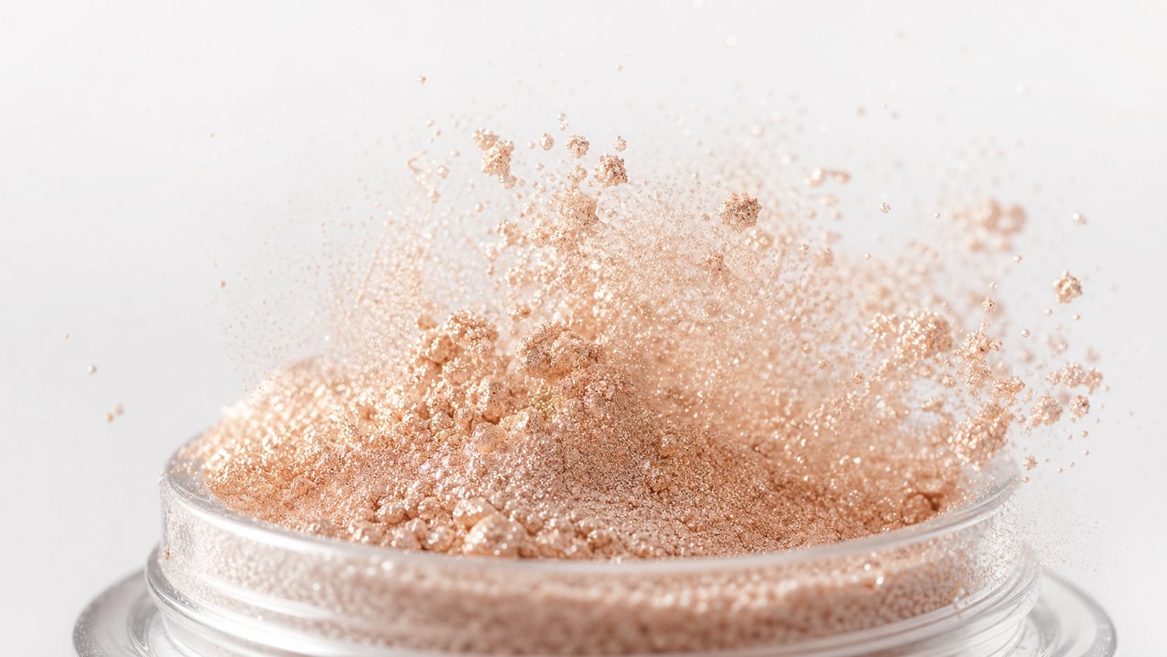 Close-up of shimmering rose gold cosmetic powder bursting out of a transparent makeup container jar