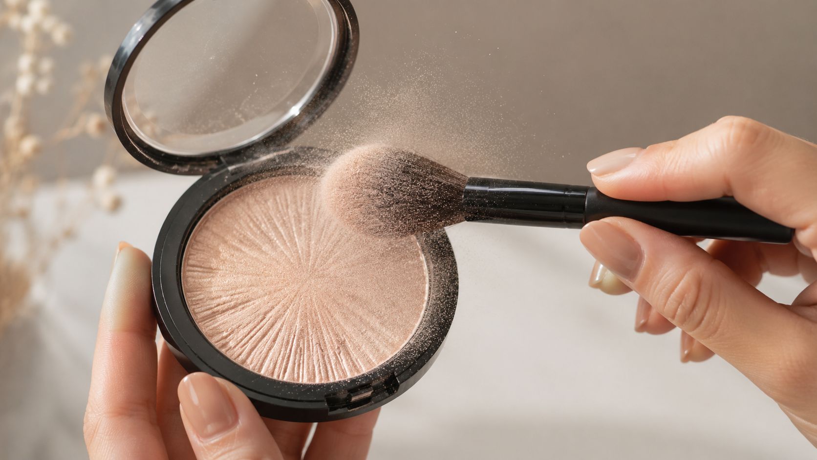 A close-up view of a person using a makeup brush to apply shimmering powder highlighter.