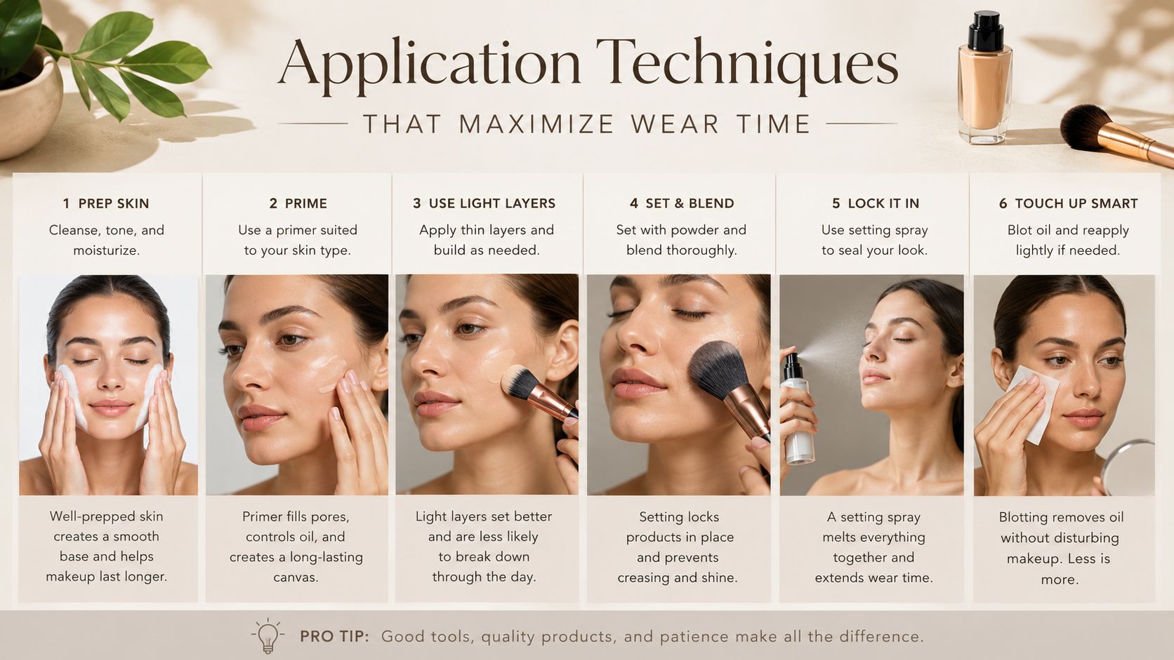 A guide showing six beauty steps to maximize makeup wear time, including prepping, priming, and setting.