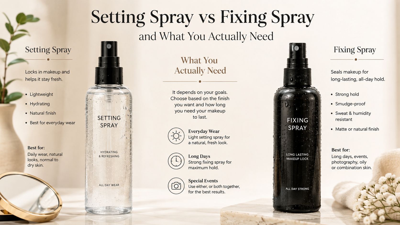 A comparison infographic between setting spray and fixing spray with product recommendations for daily makeup and long-lasting hold.