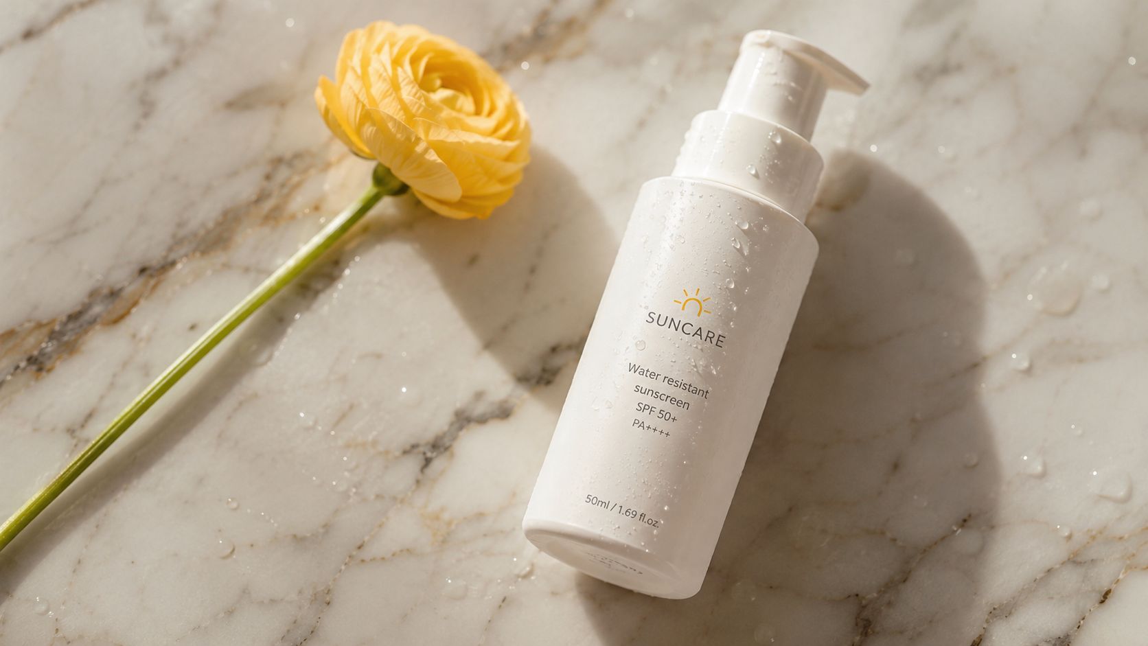 A white bottle of SPF 50 sunscreen sits on a marble surface next to a yellow flower.