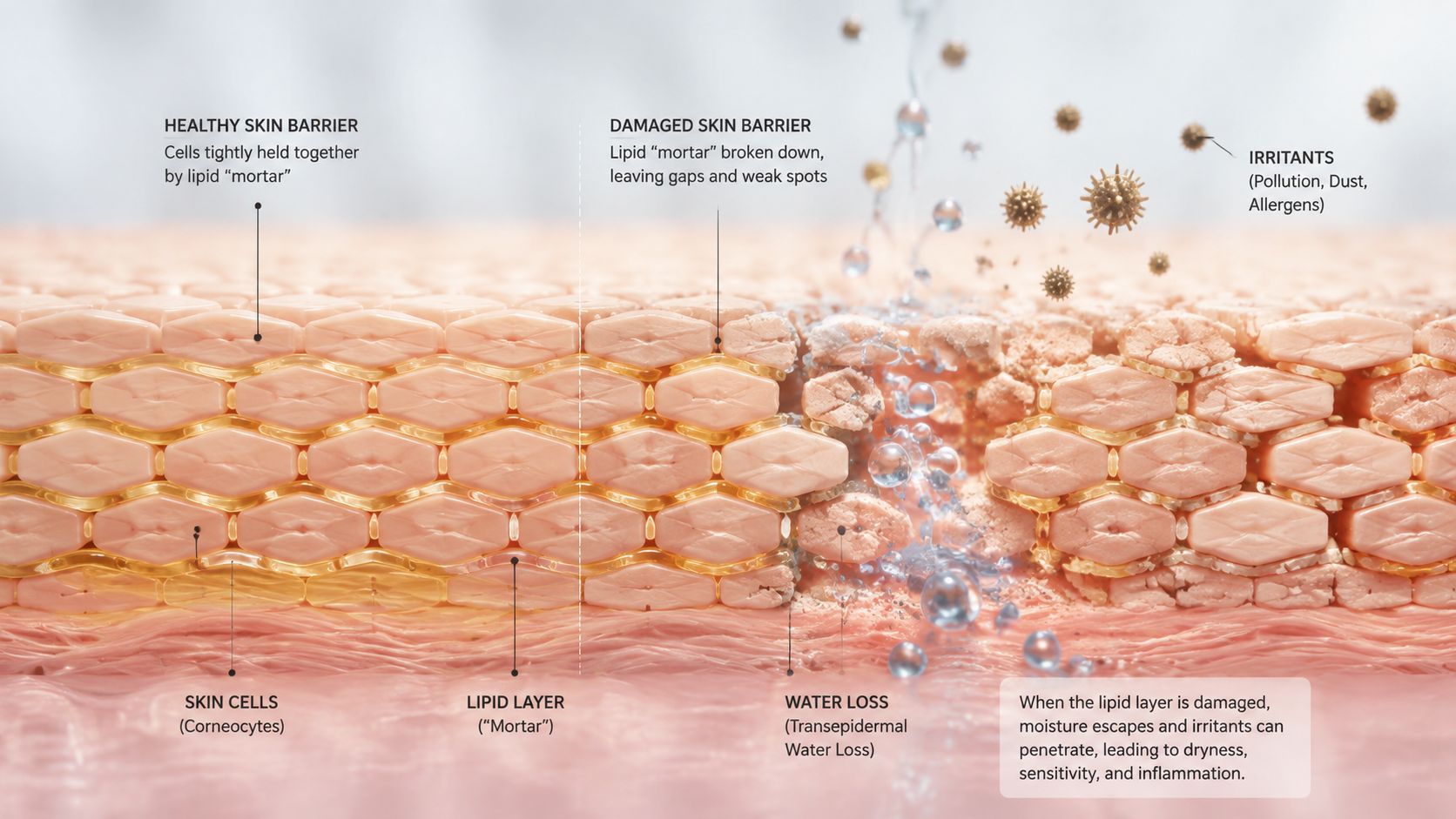 A cross-section illustration showing healthy skin barrier structure compared to a damaged barrier losing moisture to irritants.