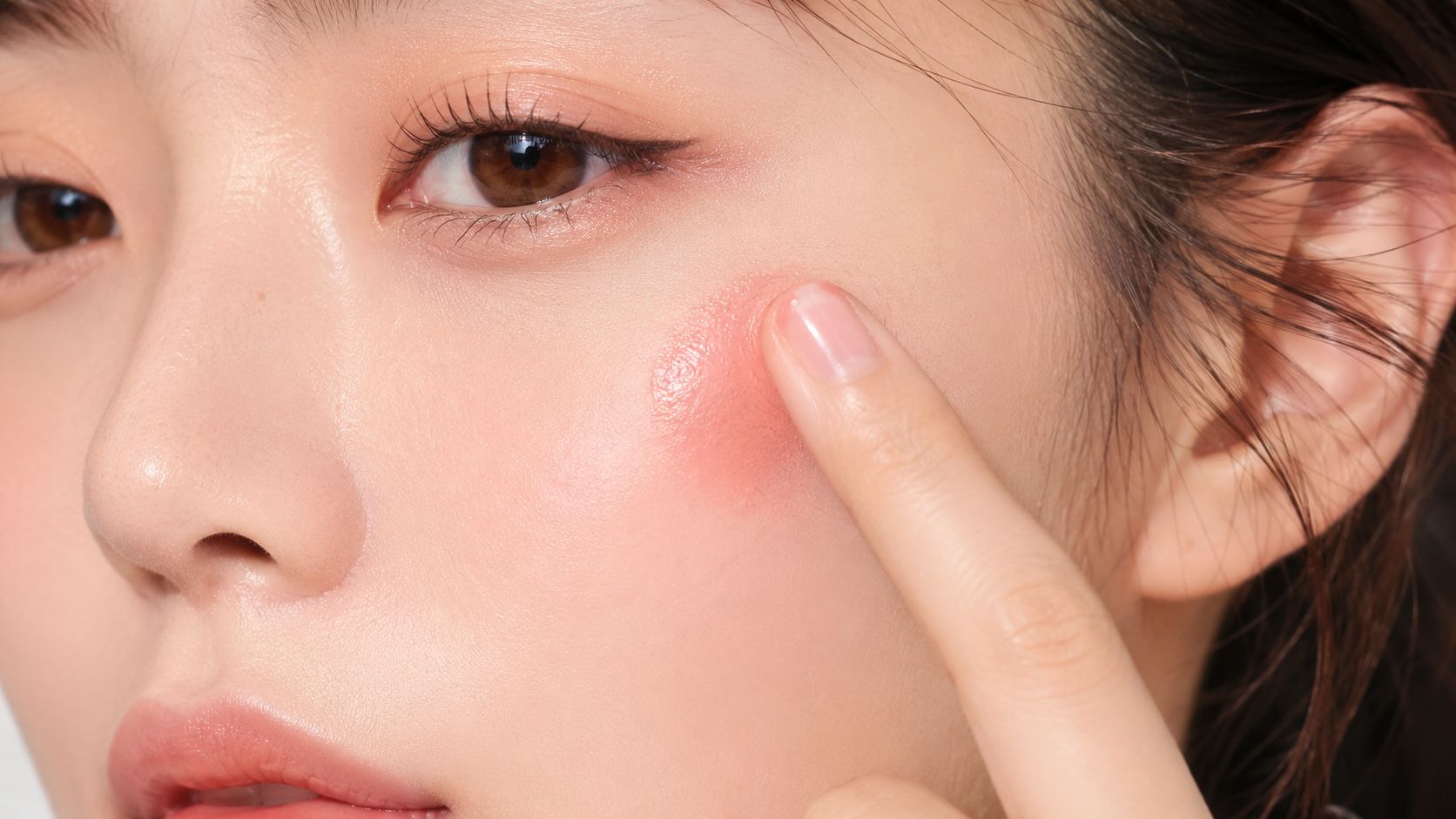 A close-up shot of a person applying soft pink cream blush onto their cheek with their finger.