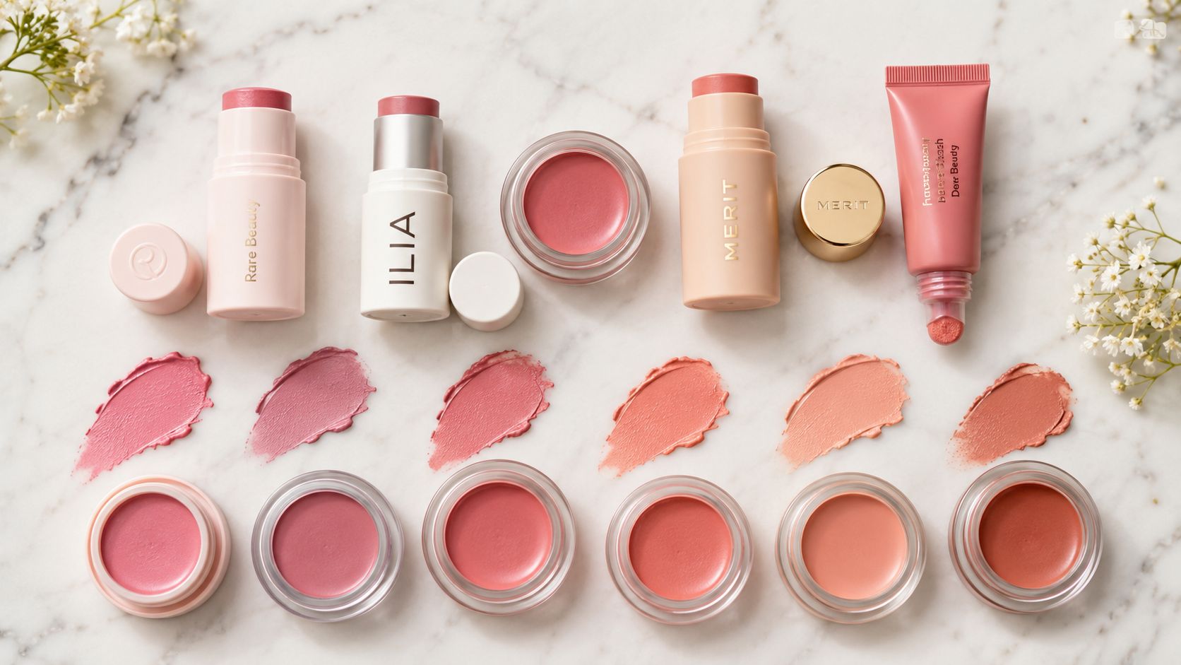 A collection of various cream blush makeup products and their swatches arranged on a marble surface.