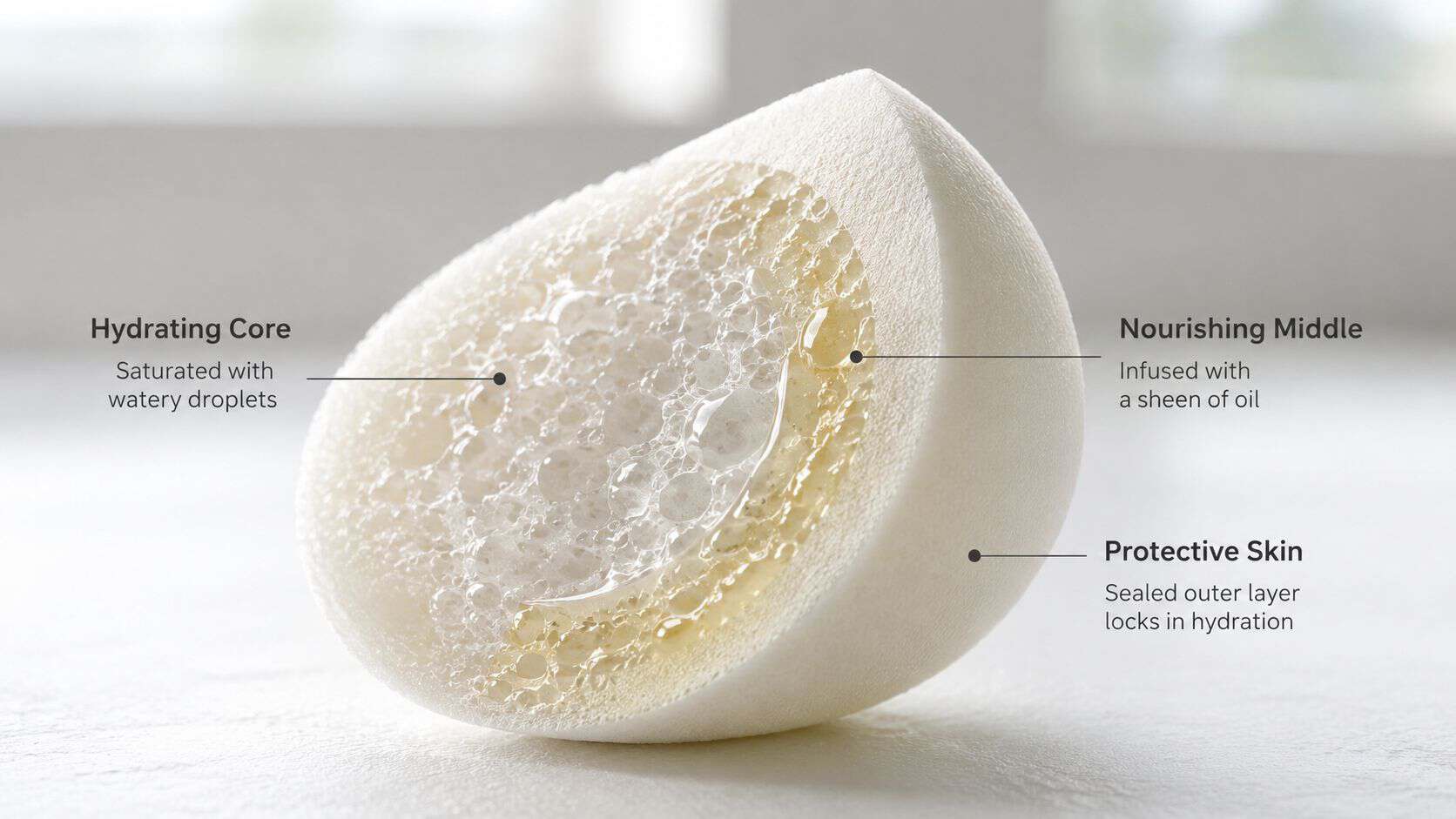 A cross-section view of a makeup sponge demonstrating its hydrating core, nourishing oil layer, and protective outer skin.