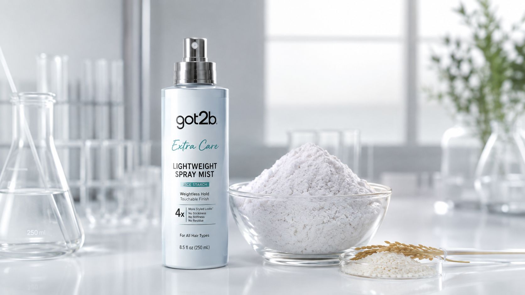 A bottle of got2b Extra Care Lightweight Spray Mist sitting next to a bowl of rice starch.