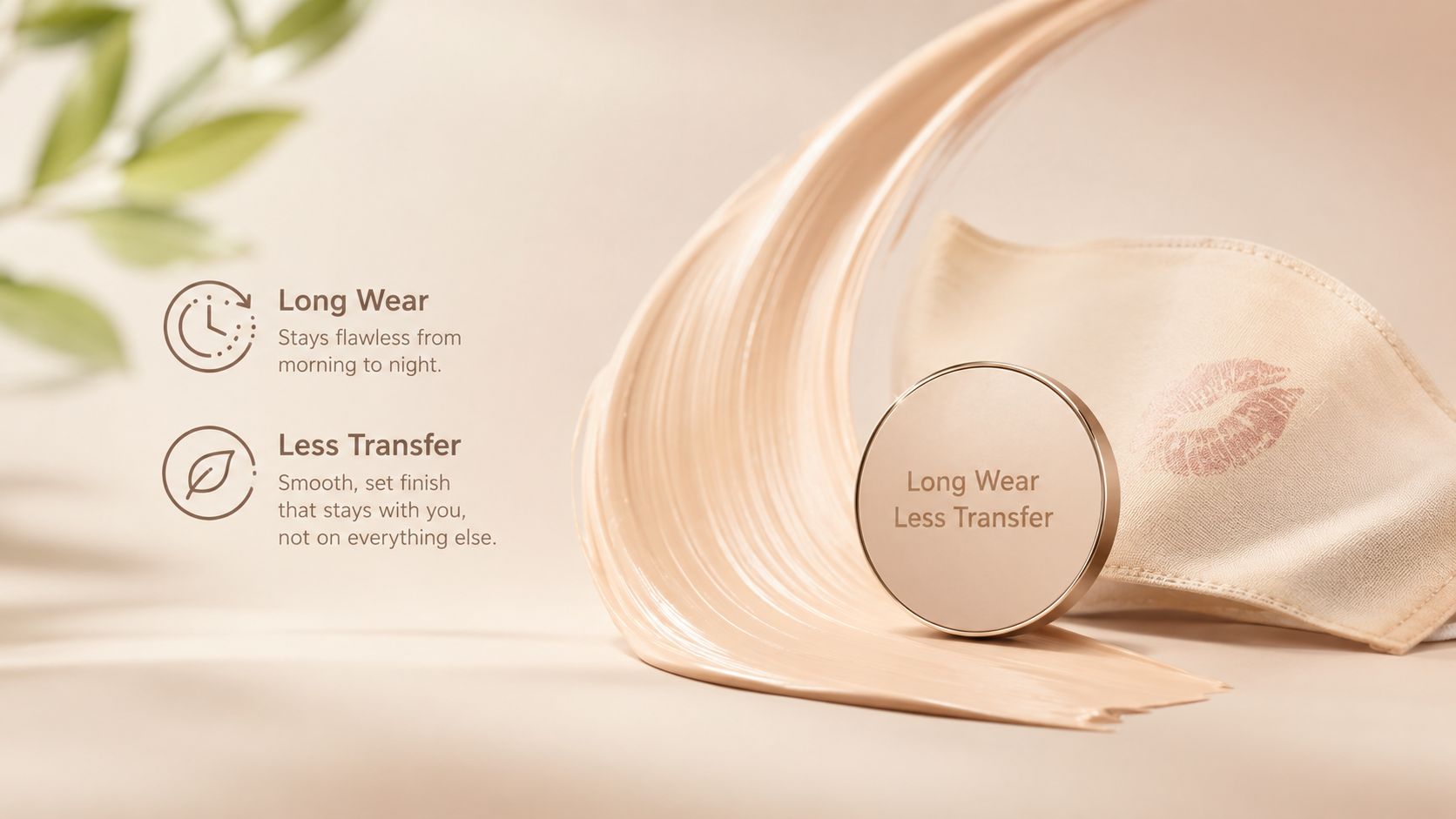 A luxury cosmetic compact powder case displayed next to a swirl of foundation and a fabric mask.