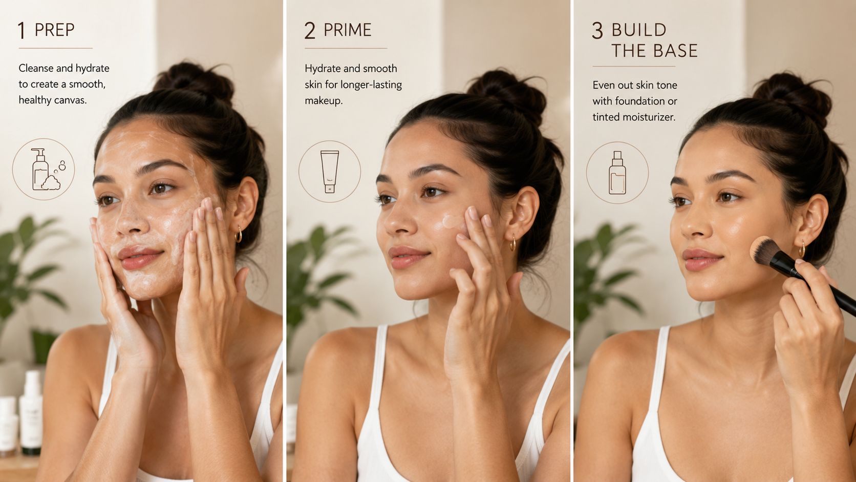A three-step beauty guide demonstrating how to prep, prime, and apply foundation on a woman's face.