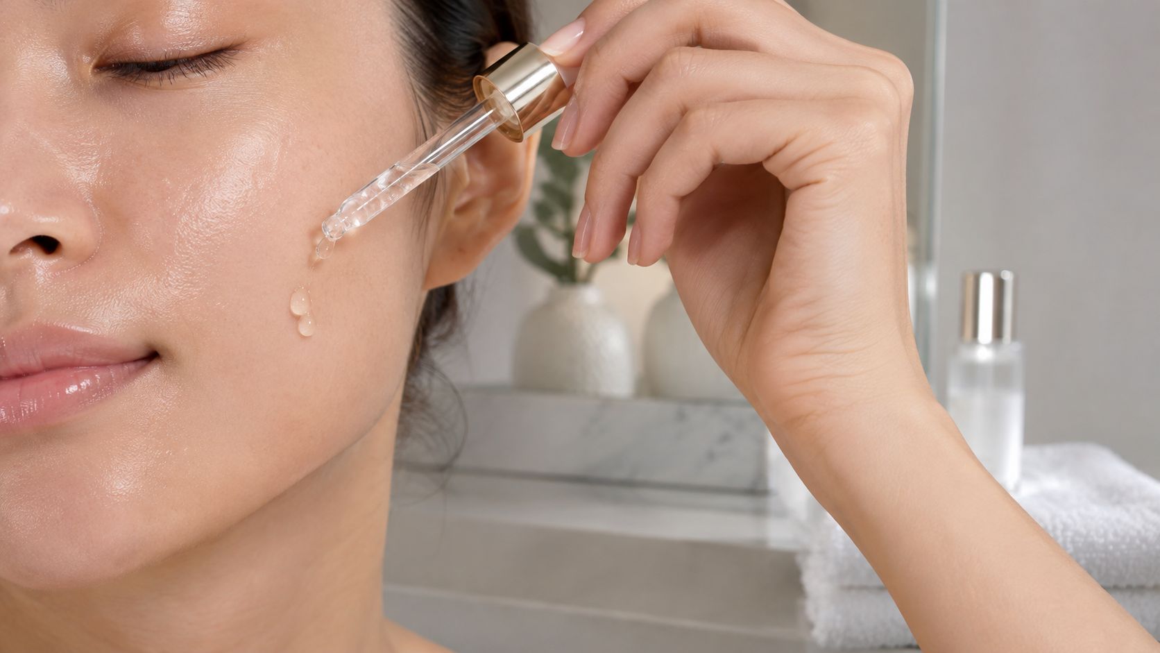 A close-up of a person applying a clear hyaluronic acid serum to their face using a dropper.