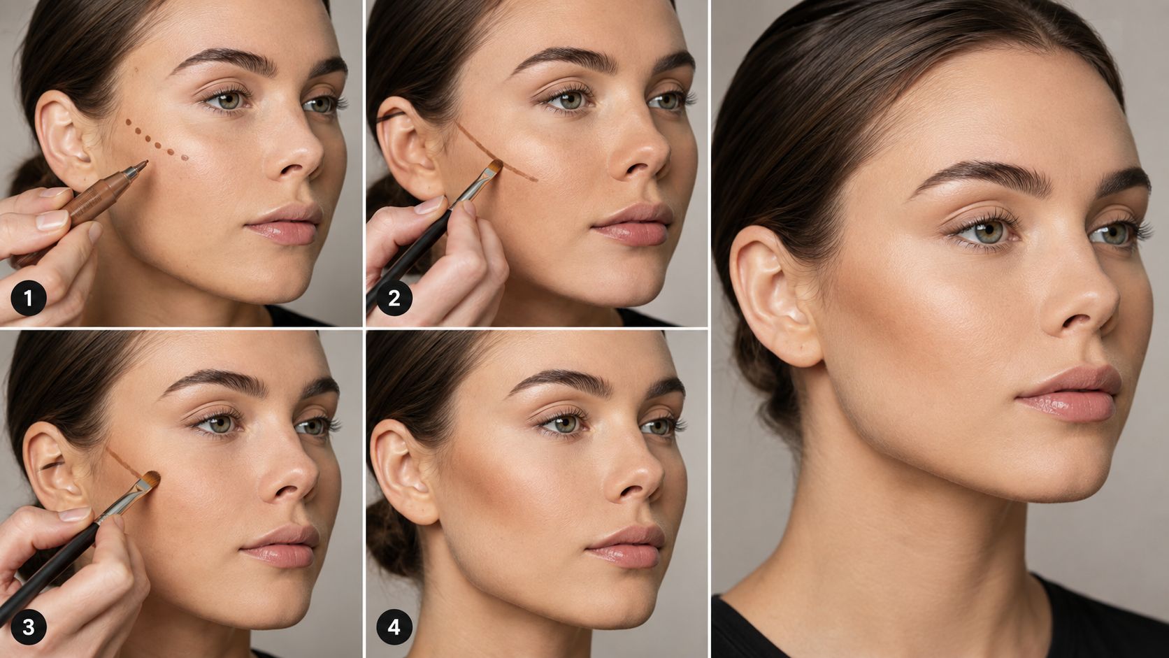 A step-by-step tutorial demonstrating how to apply liquid contour makeup to sculpt and define the cheekbones.