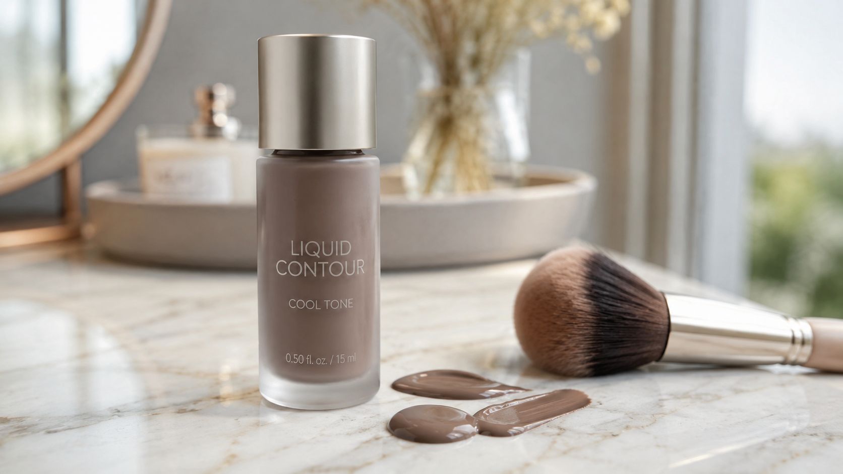 A bottle of liquid contour makeup on a marble vanity with a makeup brush and product swatches.