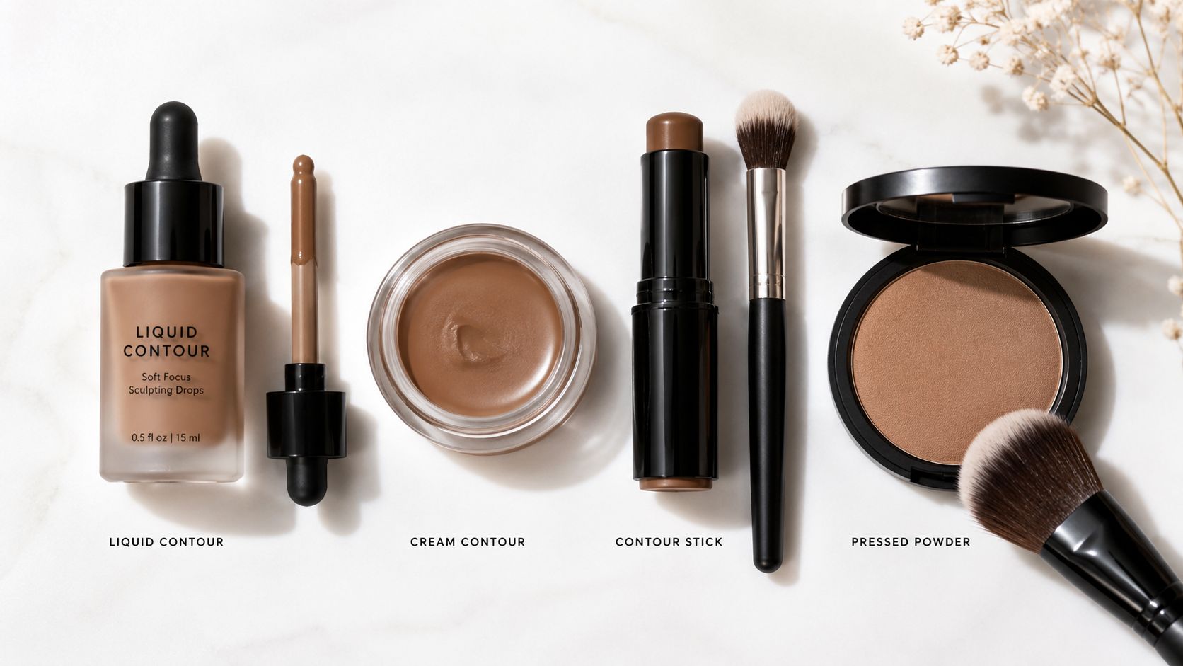 A professional collection of liquid, cream, stick, and powder contour makeup products arranged on a marble surface.
