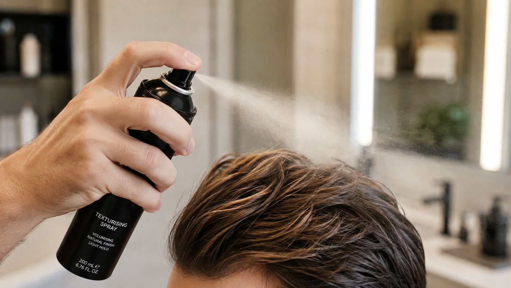 A man's hand holding a black aerosol can spraying texturising hair product onto dark wavy hair.