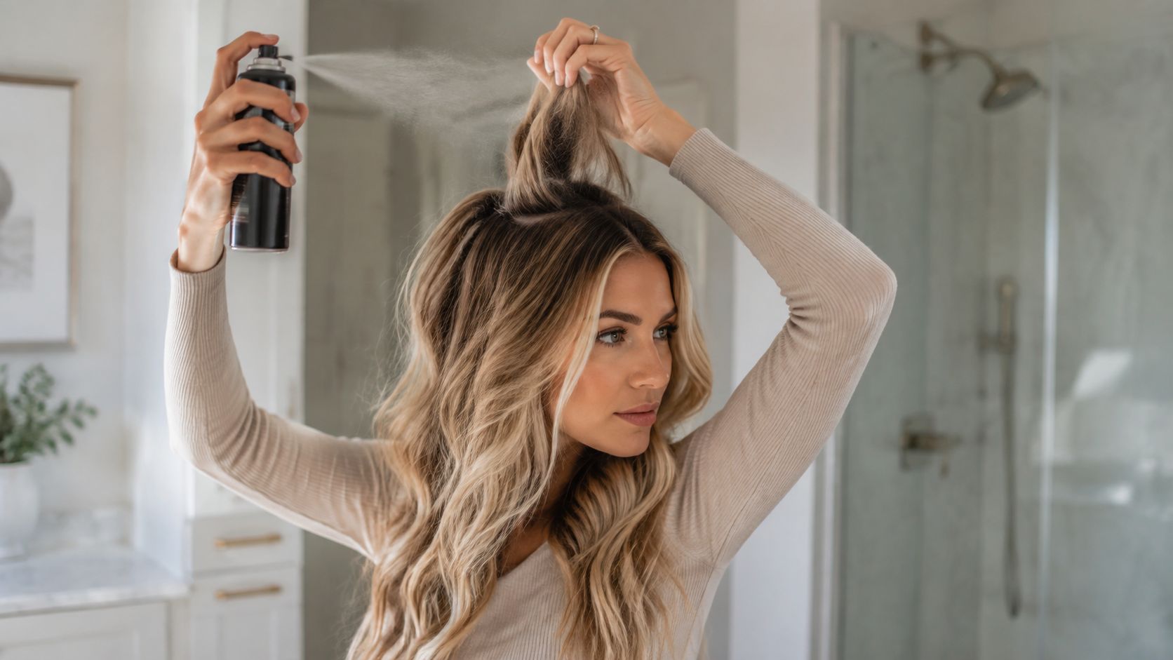 A woman with blonde wavy hair spraying a texturizing product into her roots in a bathroom.