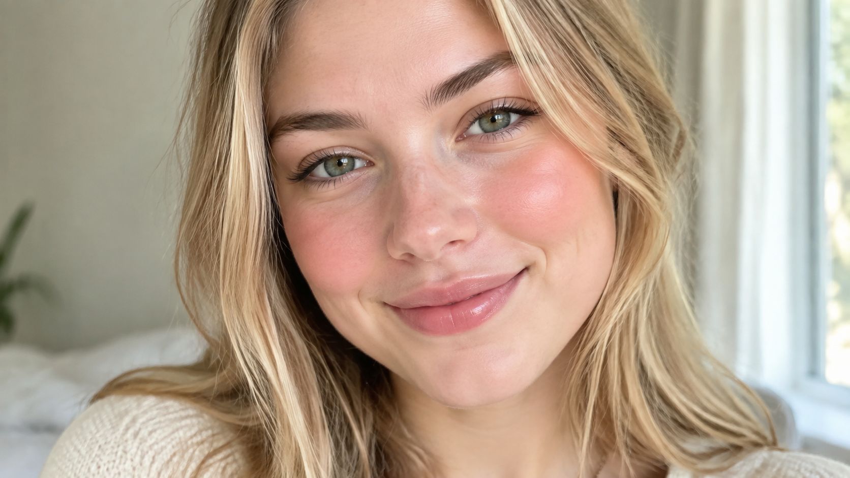 A close-up portrait of a woman with natural-looking peach blush makeup and long blonde hair.