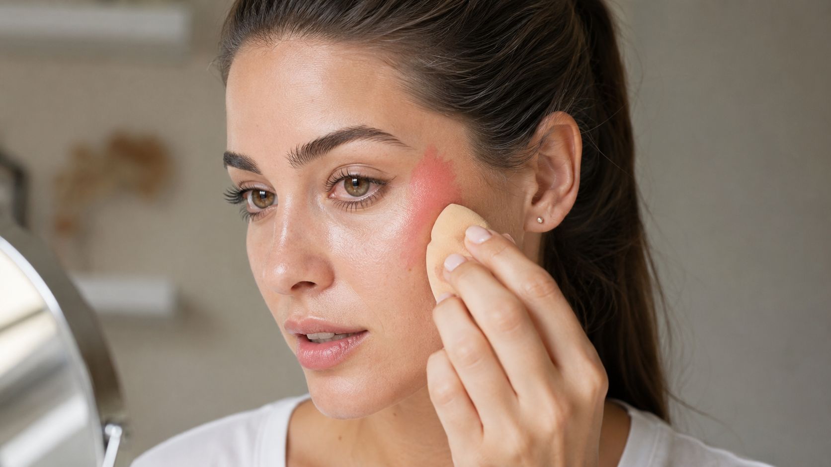 A woman applying vibrant peach-toned cream blush to her cheek using a soft cosmetic makeup sponge applicator.
