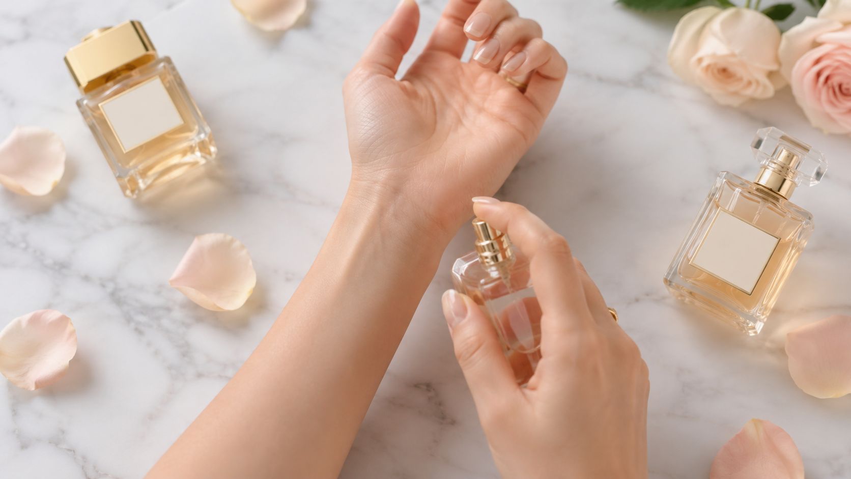 A person applying perfume on their wrist, surrounded by rose petals and two glass perfume bottles.