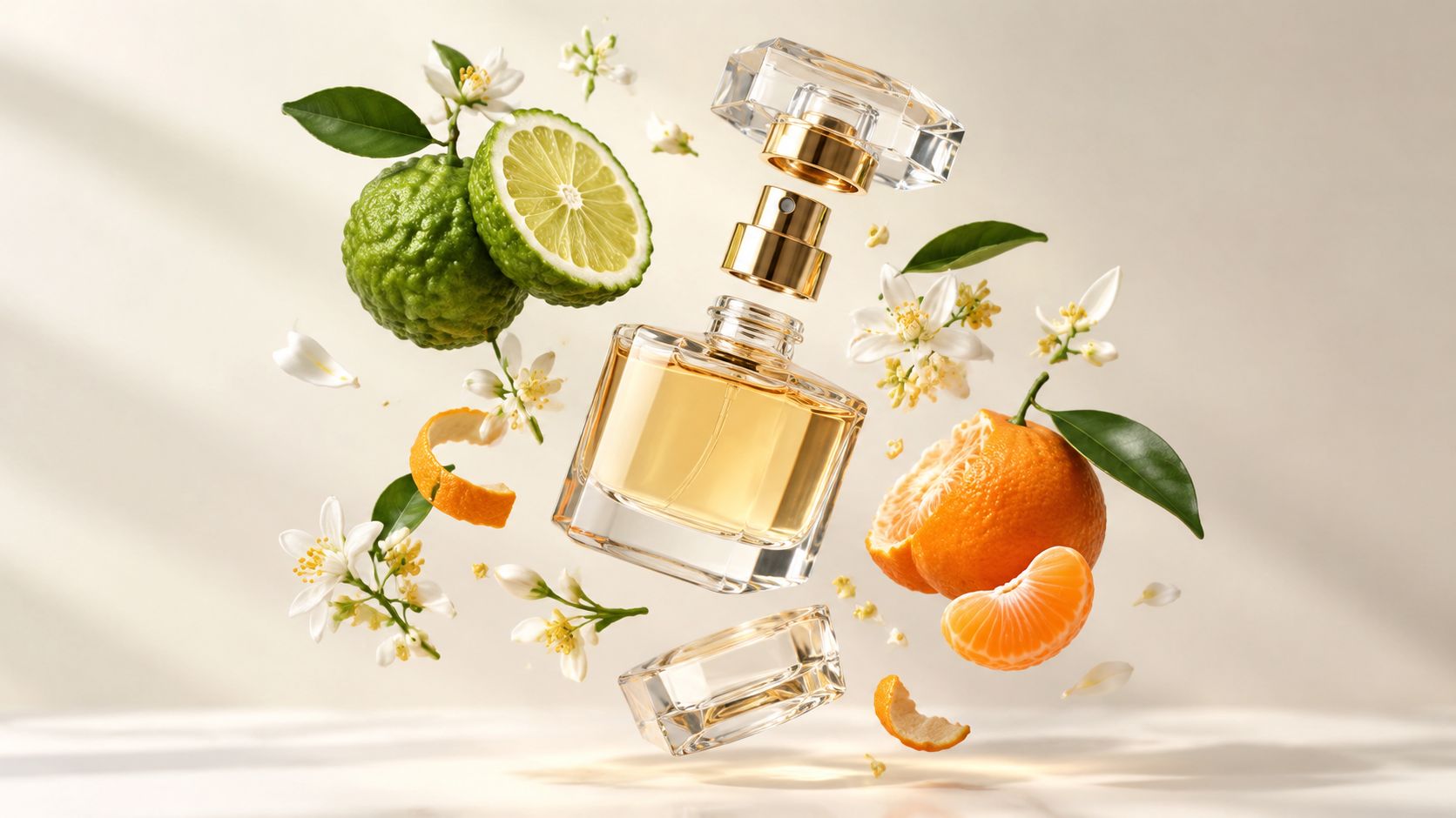 A luxurious perfume bottle floating amidst fresh bergamot, orange slices, and delicate white citrus blossoms.