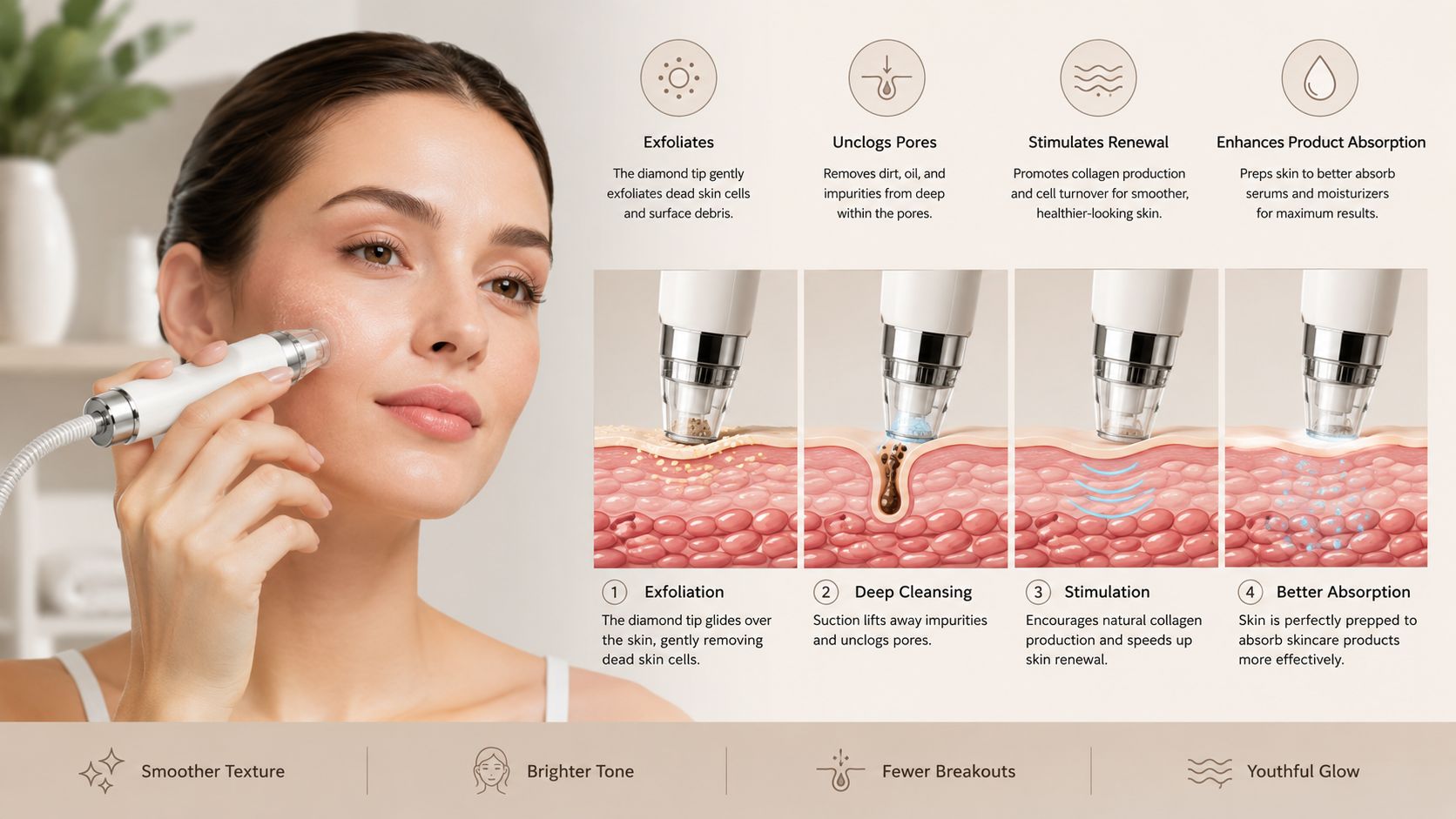 A woman using a handheld microdermabrasion device on her cheek, with icons and diagrams explaining the skin benefits.