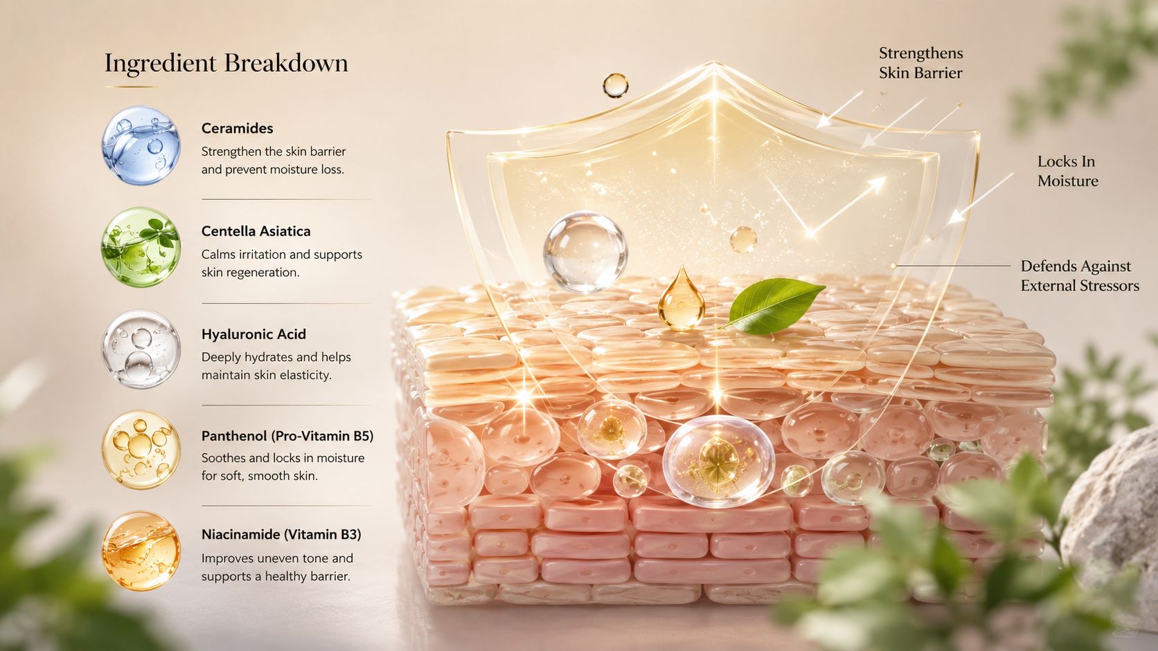 A diagram illustrating the benefits of key skincare ingredients like ceramides and hyaluronic acid on skin.
