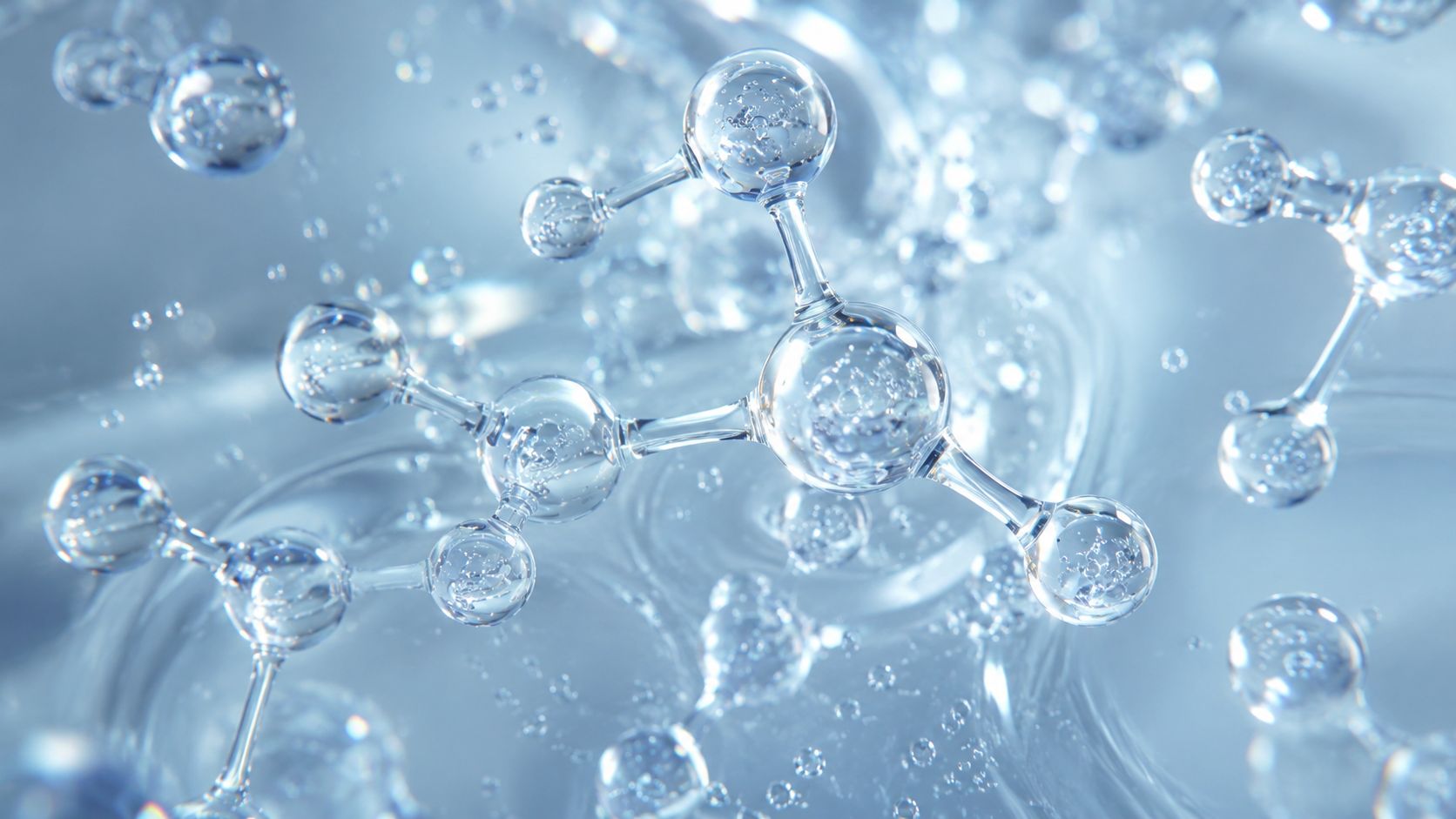 A close-up 3D render of a transparent molecular structure suspended in a clear blue liquid medium.