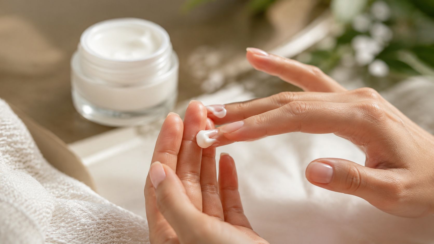A close-up of a person applying face cream from a jar onto their fingers for skincare routine.