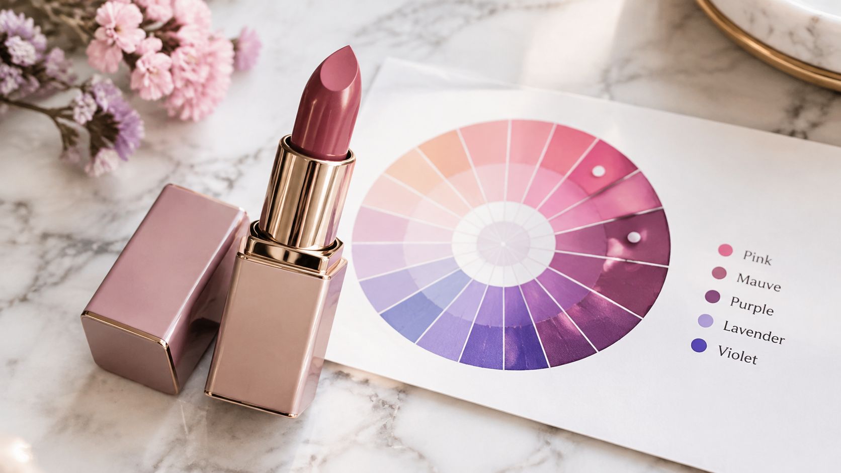A tube of rosy mauve lipstick sitting next to a circular color wheel guide on a marble surface.
