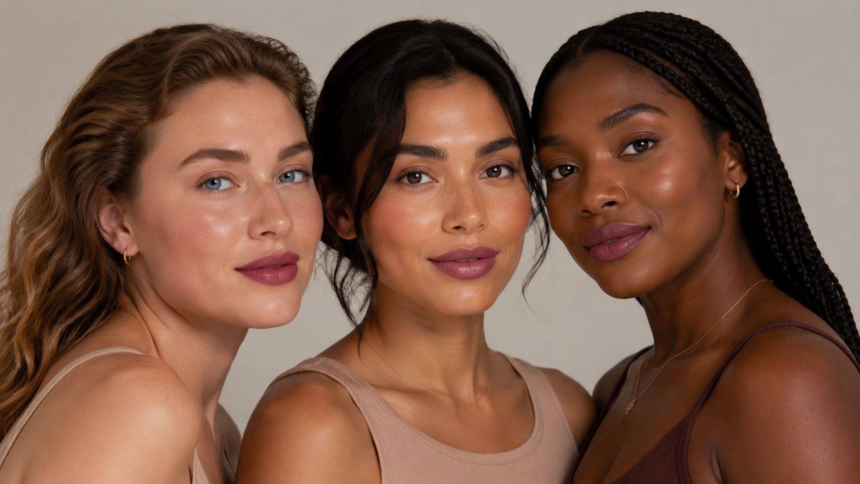 Three diverse women showcasing the same rosy mauve lipstick shade against a neutral studio background.