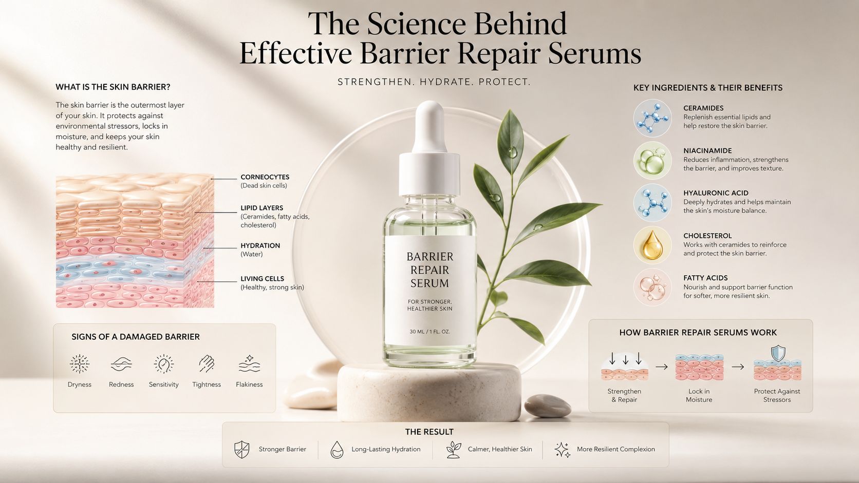 A detailed infographic explaining how skin barrier repair serums work, their key ingredients, and their skincare benefits.