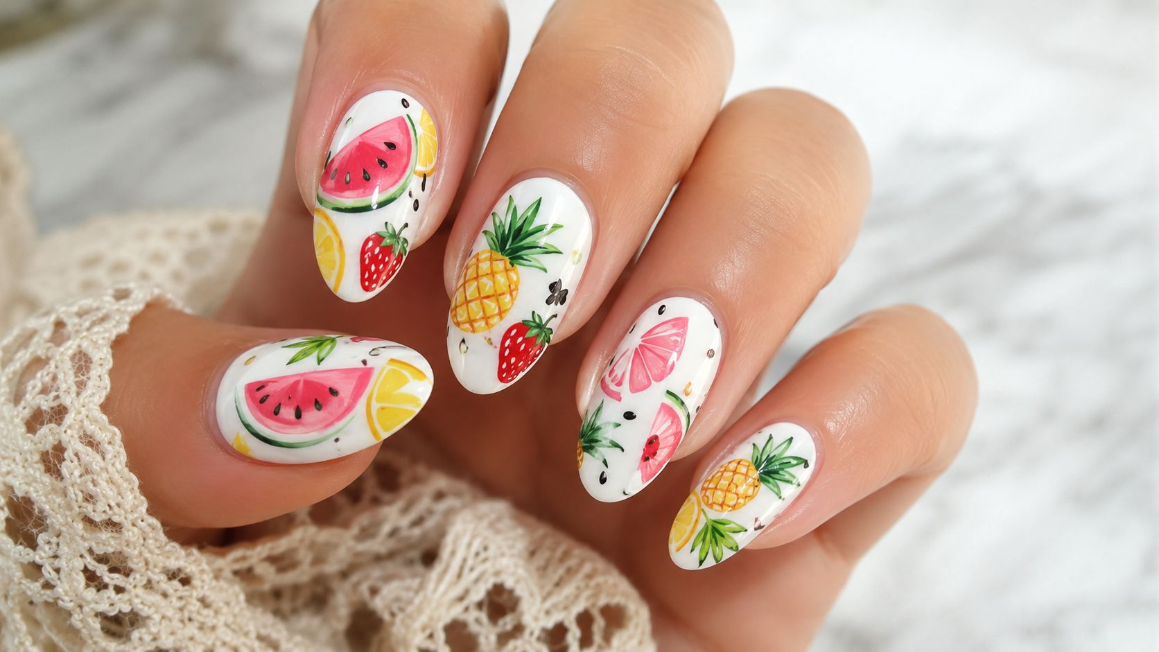 A close up of a hand featuring vibrant summer fruit nail art designs on long oval nails.