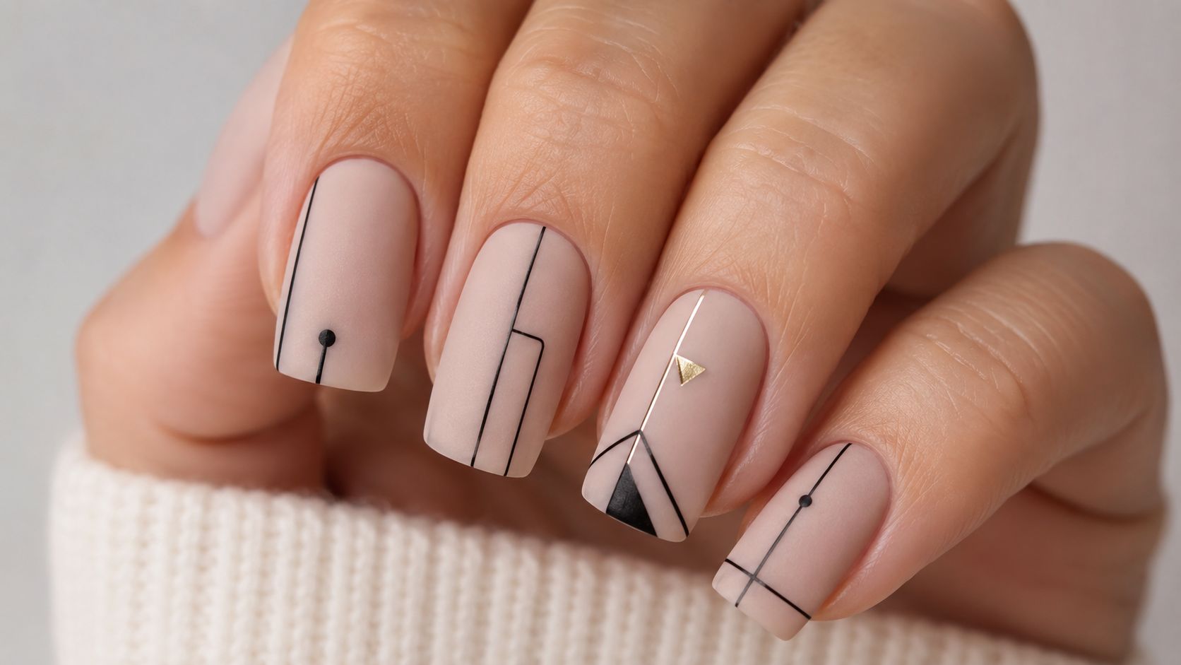 A close up of a hand featuring trendy nude matte manicure with minimalist black geometric nail art designs.
