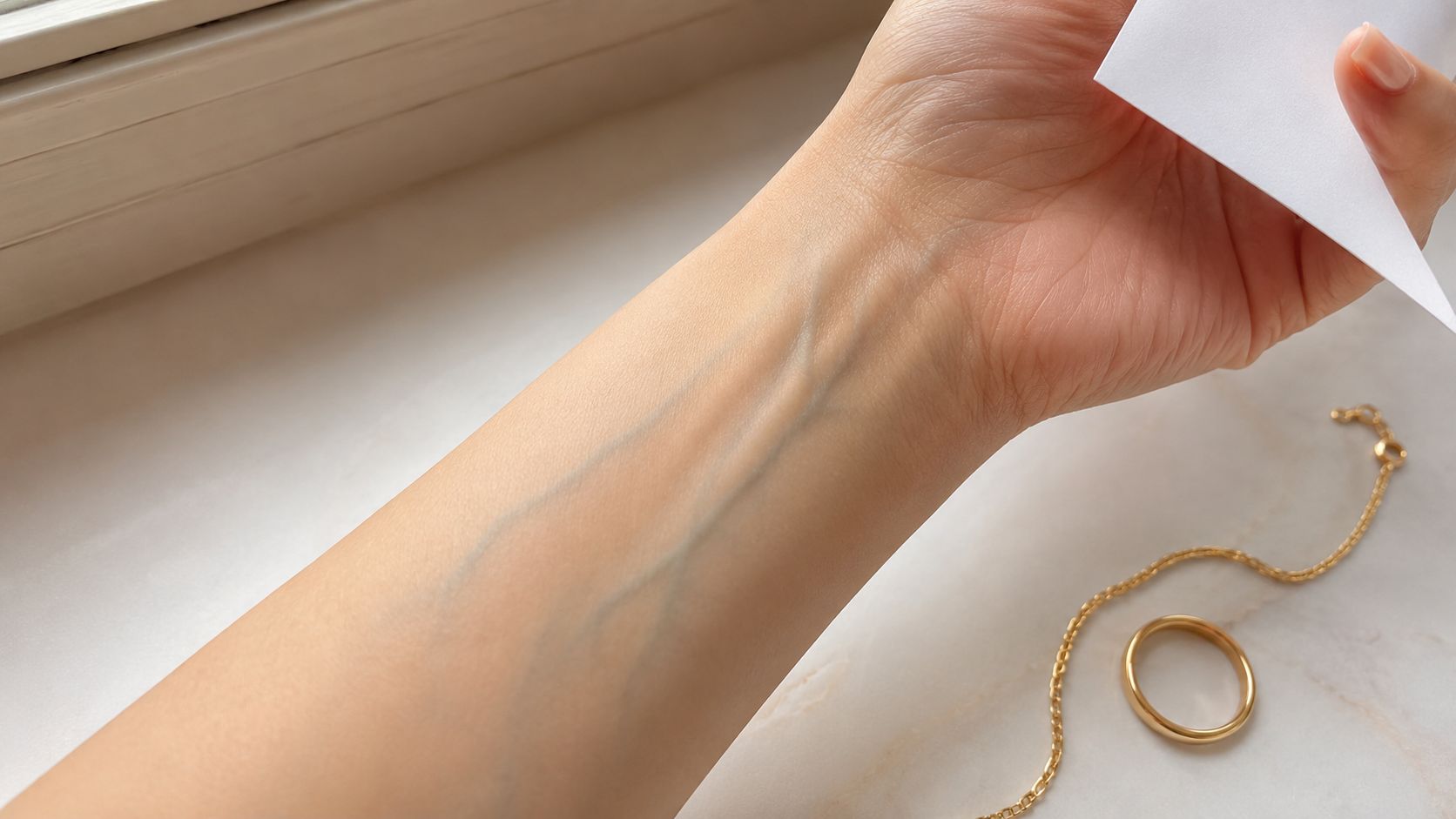A Close up view of a person's wrist with blue veins visible under fair skin