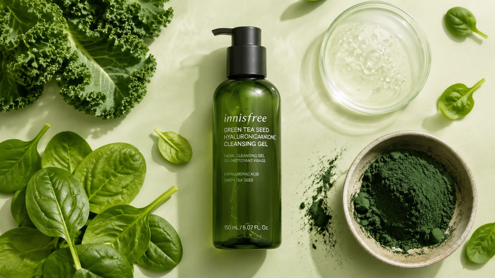 An Innisfree green tea seed hyaluronic cleansing gel bottle surrounded by fresh kale, spinach, and green powder.