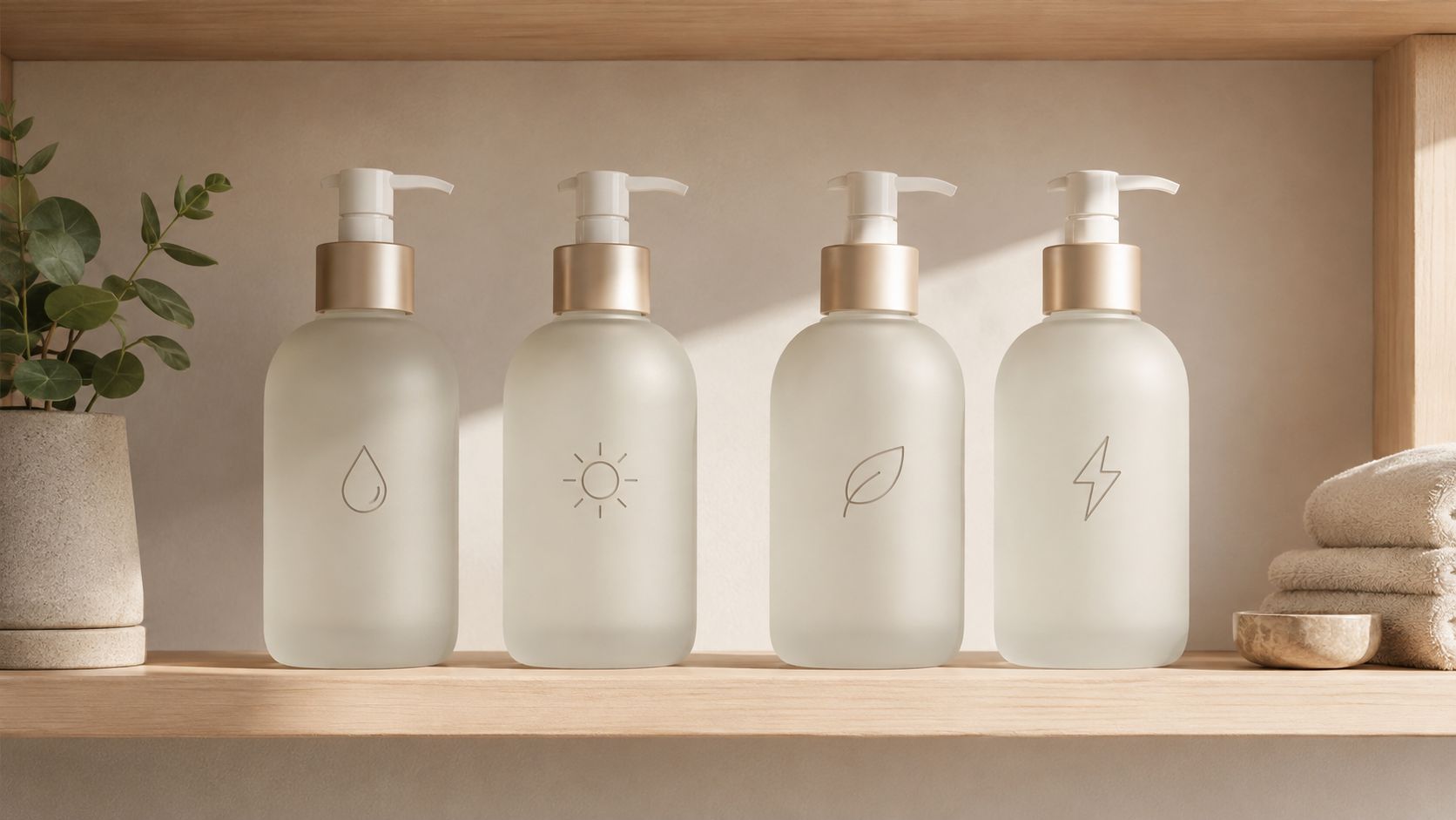 Four frosted glass pump bottles with minimalist icons placed on a wooden bathroom shelf with greenery