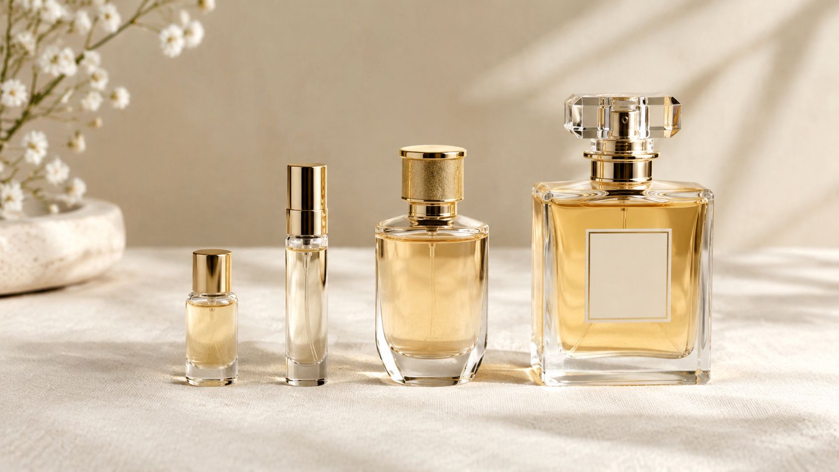A collection of four various sized glass perfume bottles with gold caps on a linen surface.