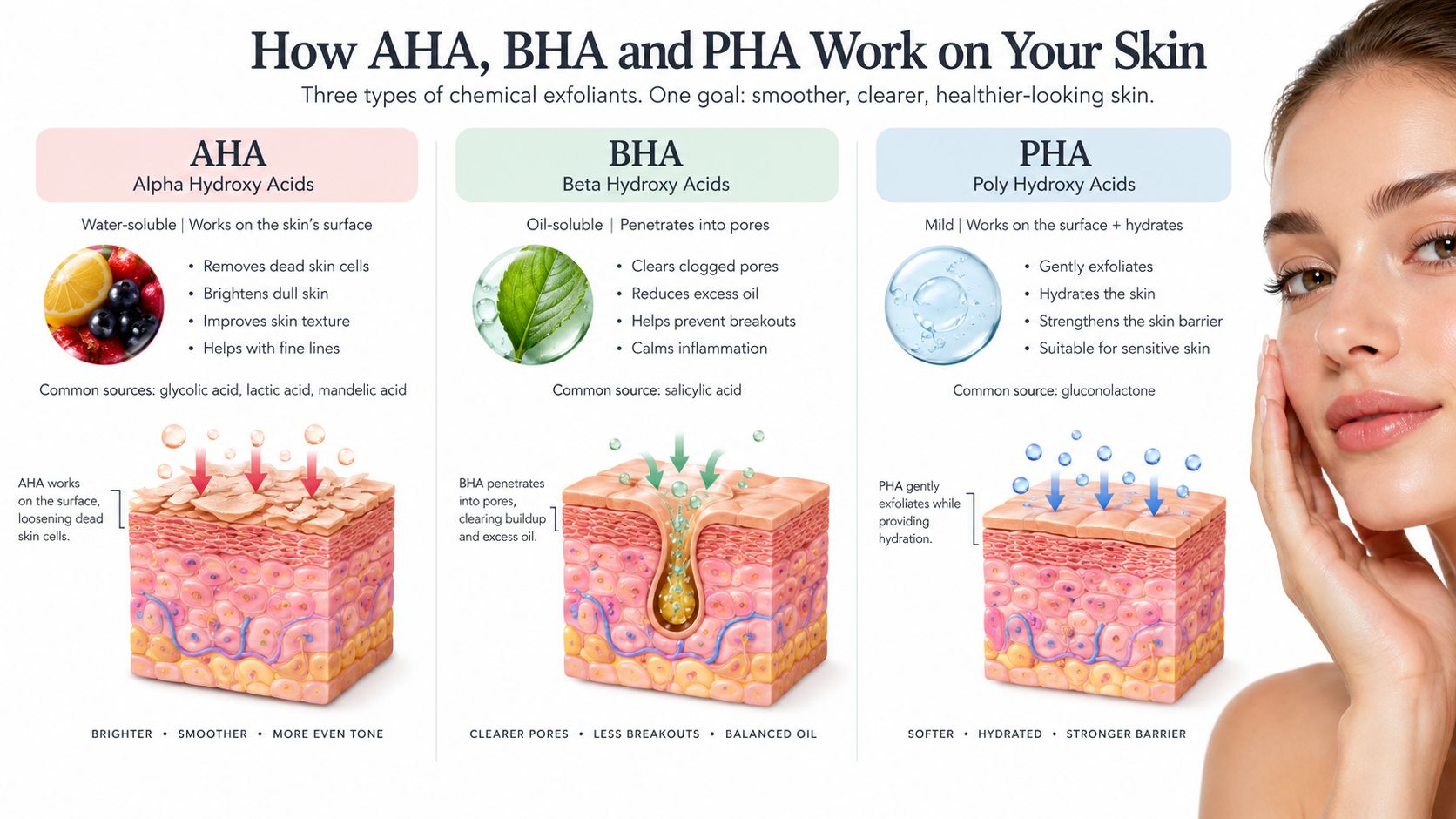 A diagram comparing the skin benefits and functions of AHA, BHA, and PHA chemical exfoliants.