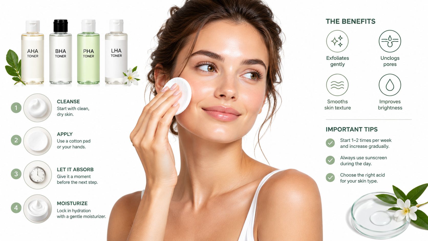 A woman using a cotton pad to apply skincare toner as part of a four-step routine.