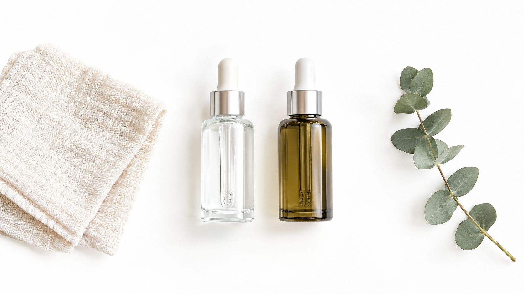 Two cosmetic dropper bottles, one clear and one amber, next to a muslin cloth and eucalyptus branch.
