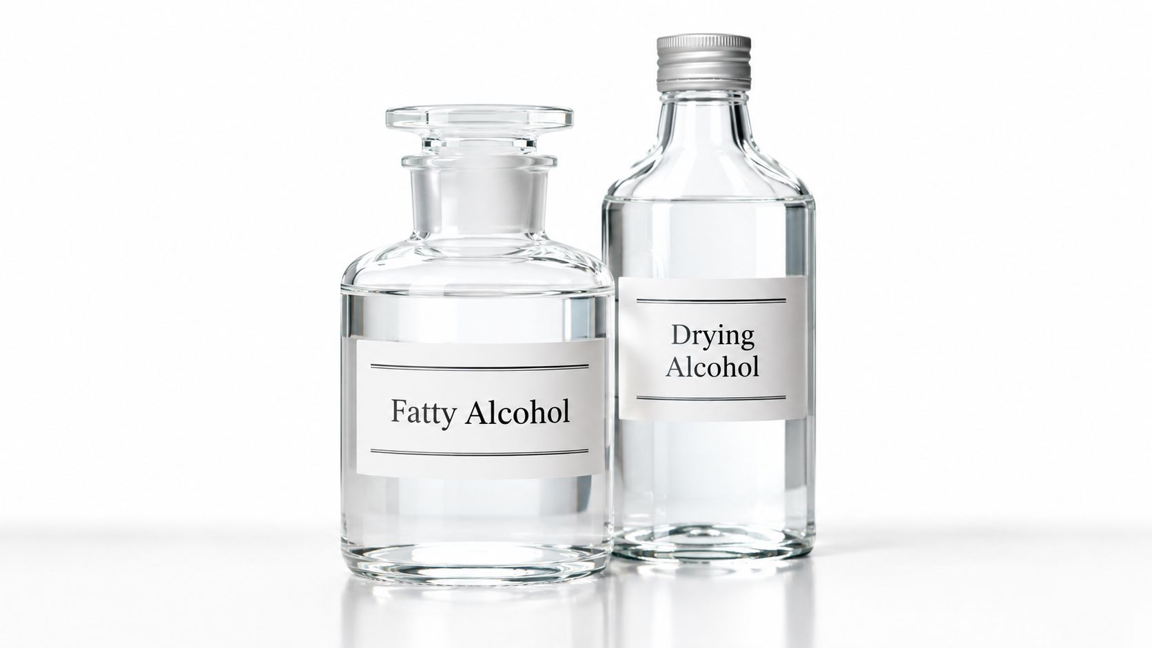 Two clear glass apothecary bottles labeled Fatty Alcohol and Drying Alcohol standing on a white surface.