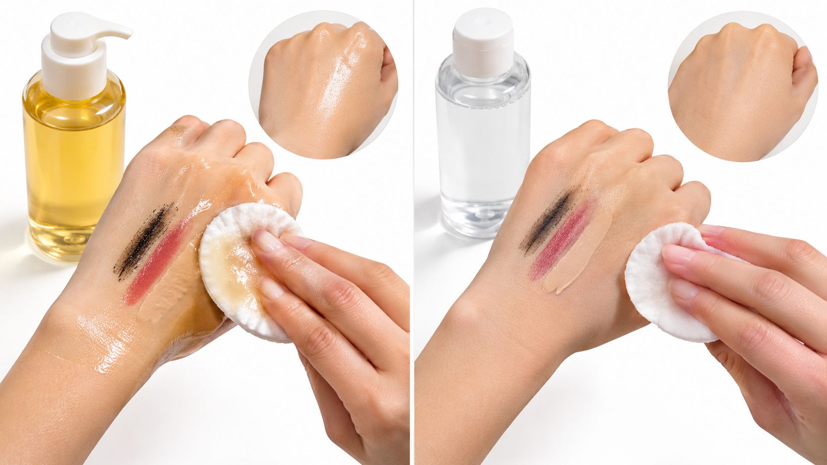 A split image comparing the cleaning effectiveness of cleansing oil and micellar water on makeup swatches.