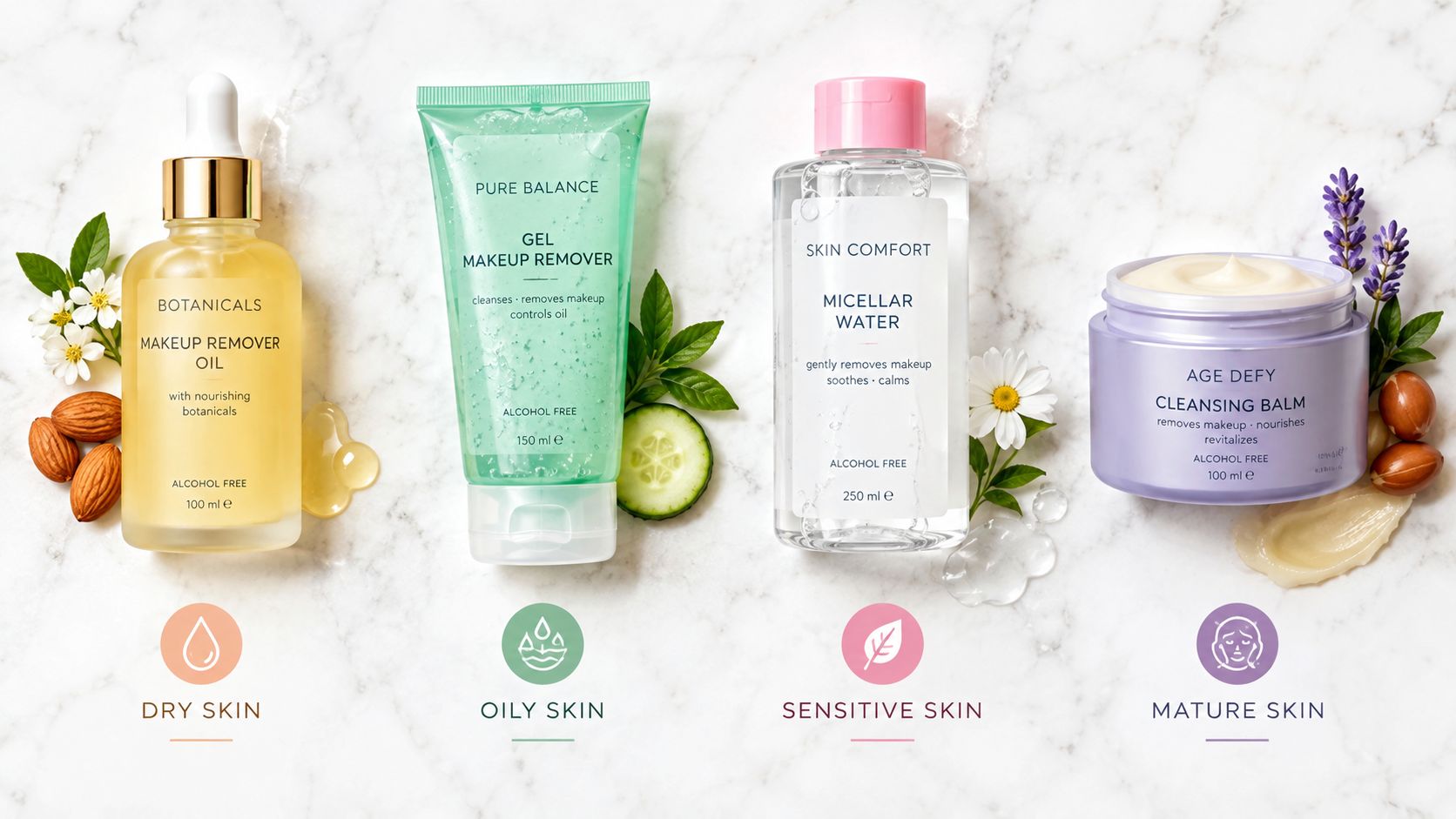 Four different types of alcohol-free makeup removers arranged on a marble surface with natural botanical ingredients.