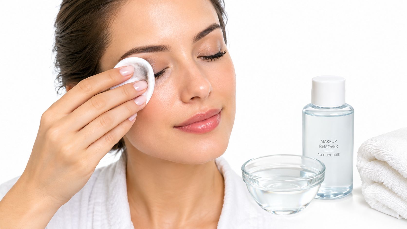 A woman cleaning her eye makeup with a cotton pad and alcohol-free makeup remover on white.