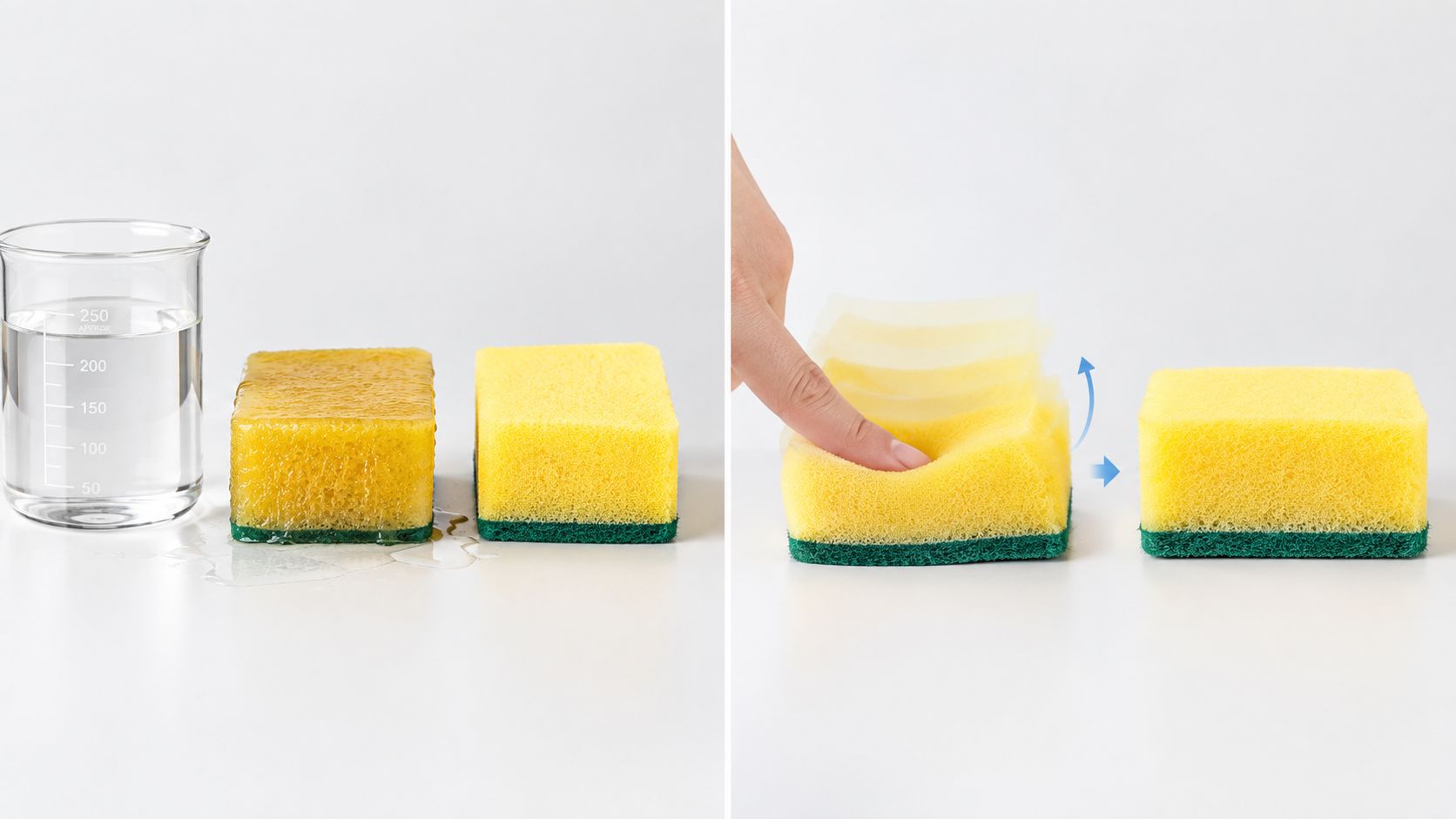 A side-by-side demonstration showing a wet yellow cleaning sponge and a person compressing a dry sponge.