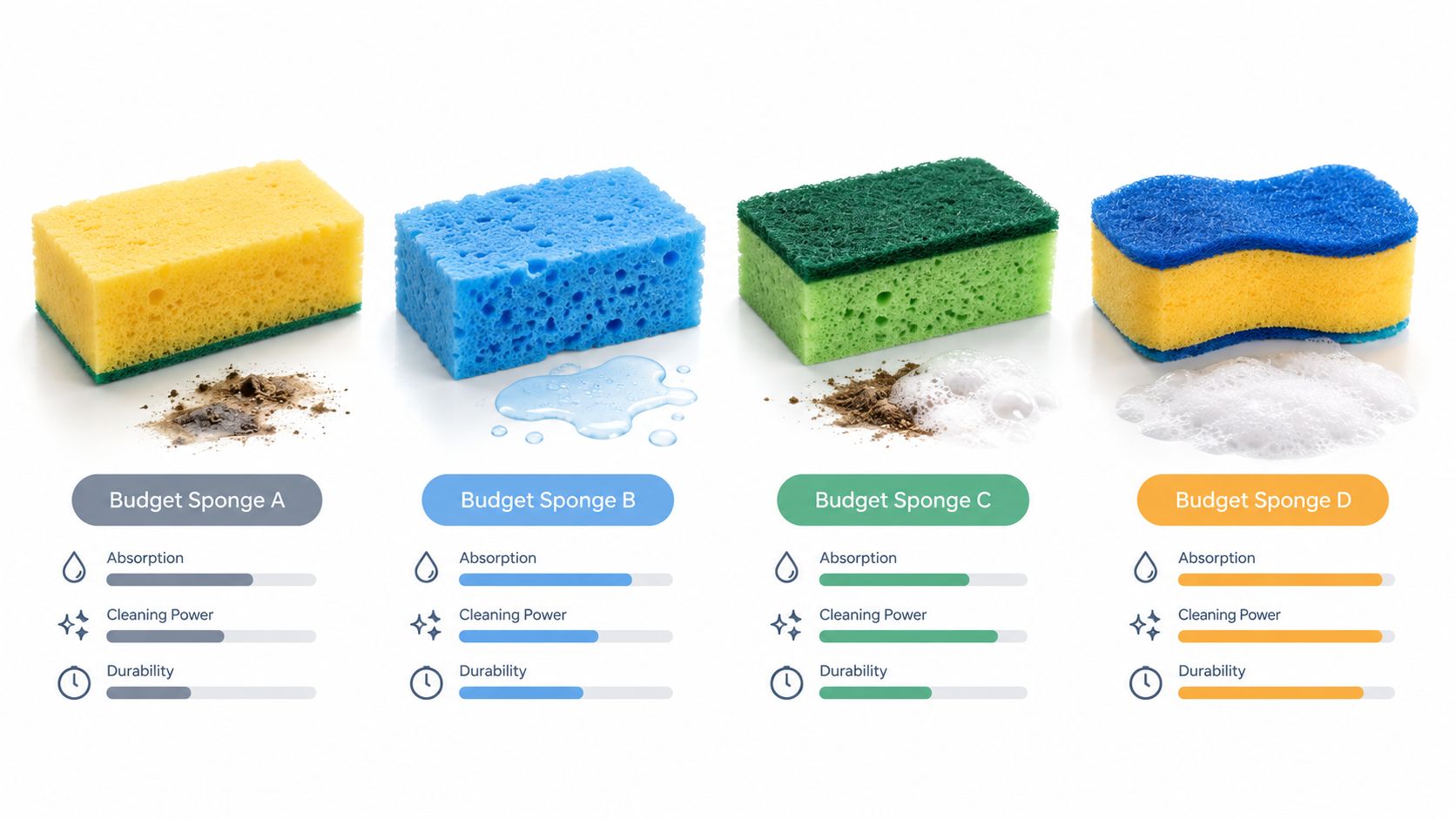 Comparison chart showing the absorption, cleaning power, and durability of four different types of kitchen sponges.